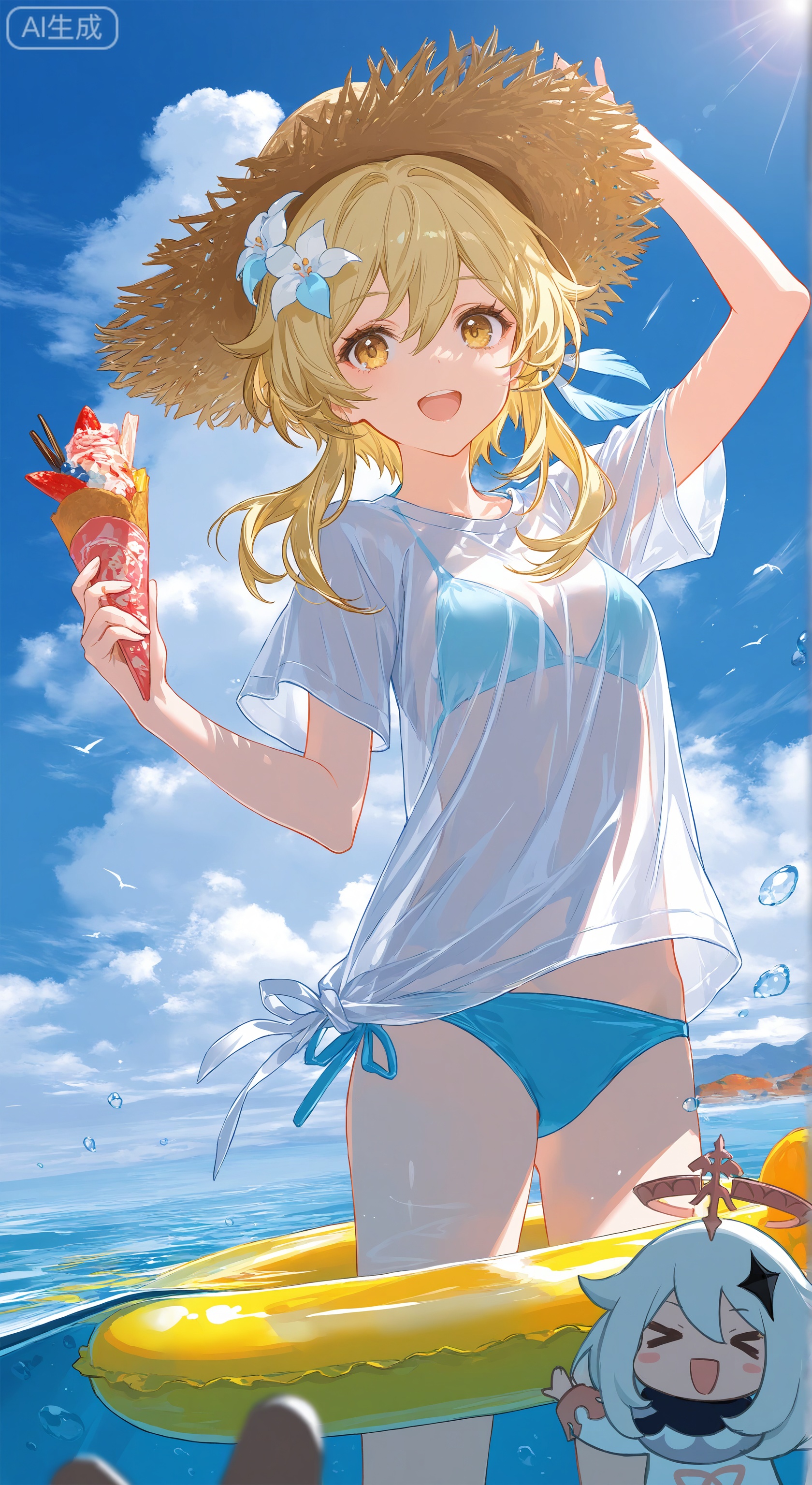breasts, looking at viewer, smile, short hair, open mouth, bangs, blue eyes, multiple girls, blonde hair, shirt, hair ornament, hat, holding, 2girls, hair between eyes, swimsuit, yellow eyes, white shirt, flower, white hair, short sleeves, sidelocks, bikini, outdoors, food, sky, alternate costume, day, cloud, hair flower, water, arm up, blue sky, see-through, ocean, halo, cloudy sky, holding food, t-shirt, short hair with long locks, partially submerged, innertube, straw hat, hand on headwear, bikini under clothes, partially underwater shot, lumine \(genshin impact\), paimon \(genshin impact\)
,Light, shadow ,(Murata_Renge:0.8),(reoen1:1),(as109:0.7),(Saebe_Shun:0.7),(akipeko:0.7),(Toronto:0.8),(lineart:0.8),(fuzichoco:0.6),(Mika Pikazo:0.4),(Artist:  sheya:0.5),(wlop:0.4),Illustration,Simple Flat Coloring,lightshadow,line art,shadow,masterpiece,best quality,good quality,very aesthetic,A shot with tension,impactful picture,offcial art,movie perspective,masterpiece,facing the lens,best quality,very aesthetic,extremely delicate and beautiful,huge filesize,amazing quality,Blurred foreground,solo_focus,simple_background,depth_of_field,sunlight,reflective,masterful details,intricate details,soothing tones,high contrast,natural skin texture,soft  light,sharp,ultra-high resolution,32K UHD