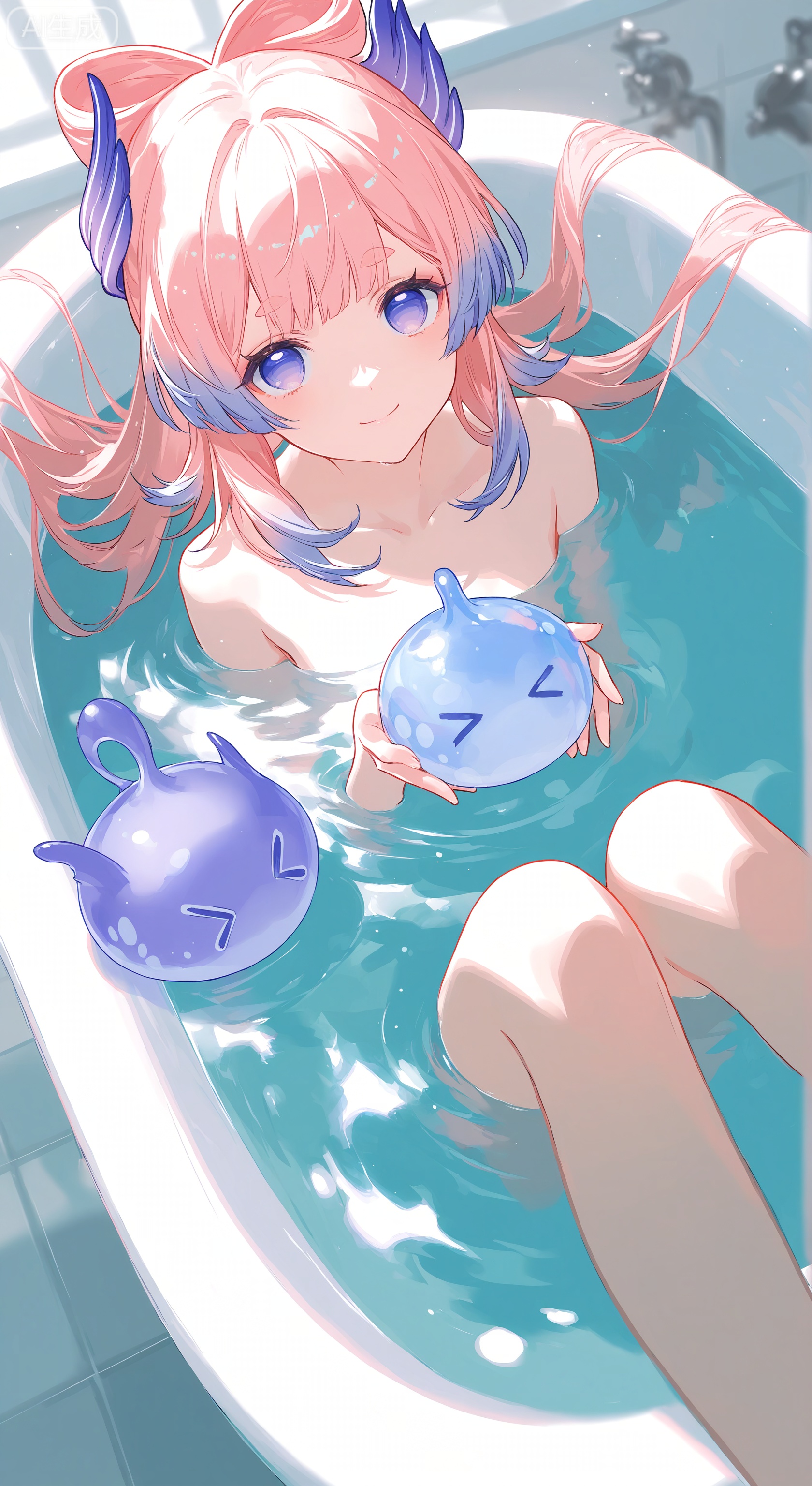 1girl, solo, long hair, looking at viewer, smile, bangs, blue eyes, closed mouth, purple eyes, pink hair, multicolored hair, water, > <, partially submerged, bathing, bath, bathtub, bow-shaped hair, sangonomiya kokomi, slime \(genshin impact\)
,Light, shadow ,(Murata_Renge:0.8),(reoen1:1),(as109:0.7),(Saebe_Shun:0.7),(akipeko:0.7),(Toronto:0.8),(lineart:0.8),(fuzichoco:0.6),(Mika Pikazo:0.4),(Artist:  sheya:0.5),(wlop:0.4),Illustration,Simple Flat Coloring,lightshadow,line art,shadow,masterpiece,best quality,good quality,very aesthetic,A shot with tension,impactful picture,offcial art,movie perspective,masterpiece,facing the lens,best quality,very aesthetic,extremely delicate and beautiful,huge filesize,amazing quality,Blurred foreground,solo_focus,simple_background,depth_of_field,sunlight,reflective,masterful details,intricate details,soothing tones,high contrast,natural skin texture,soft  light,sharp,ultra-high resolution,32K UHD,yswh