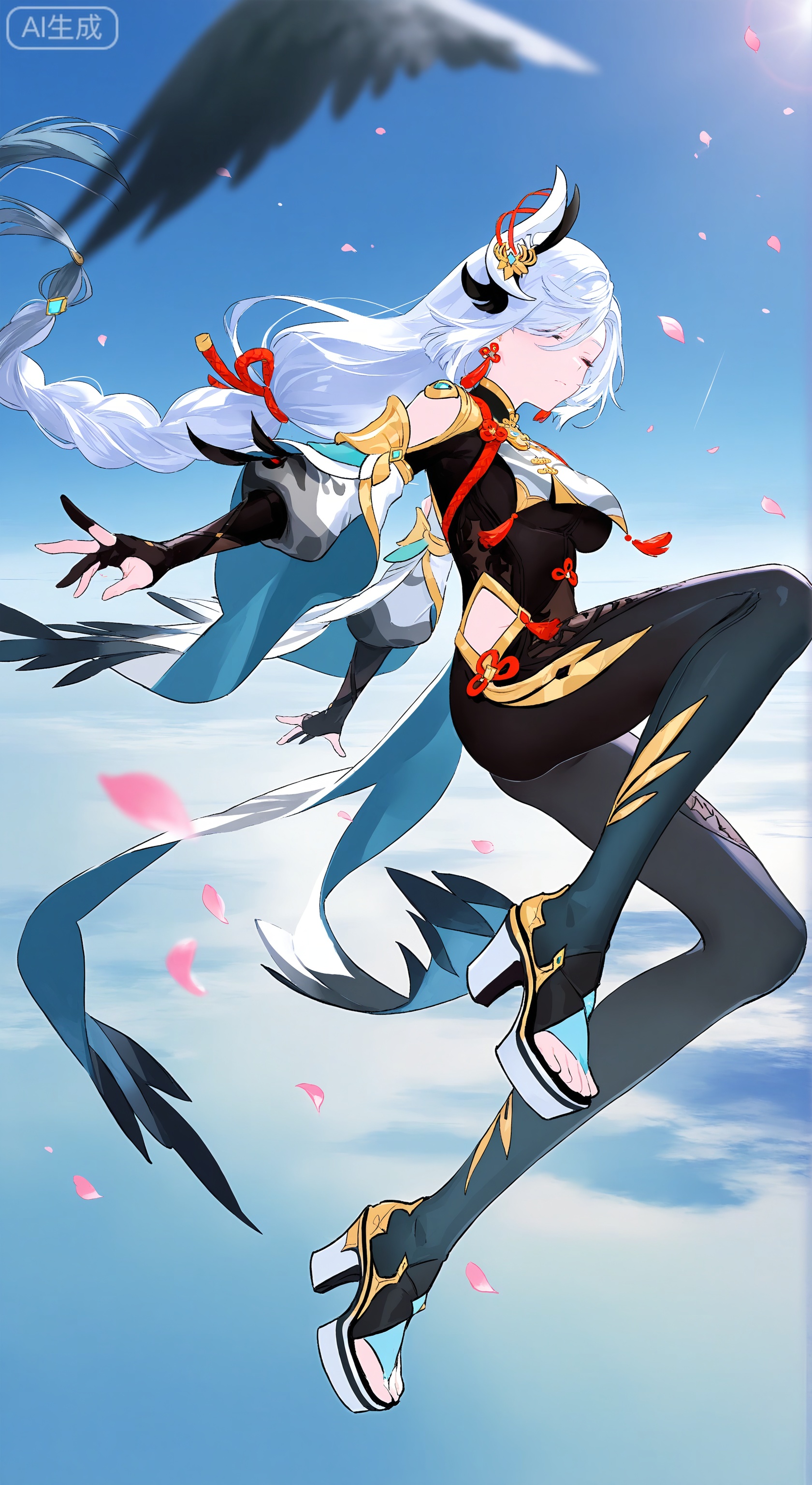 1girl, solo, long hair, bangs, hair ornament, gloves, very long hair, closed mouth, full body, closed eyes, braid, white hair, sky, black gloves, high heels, from side, blue sky, petals, clothing cutout, bodysuit, tassel, floating, partially fingerless gloves, black bodysuit, hip vent, shoulder cutout, breast curtain, shenhe \(genshin impact\)
,Light, shadow ,(Murata_Renge:0.8),(reoen1:1),(as109:0.7),(Saebe_Shun:0.7),(akipeko:0.7),(Toronto:0.8),(lineart:0.8),(fuzichoco:0.6),(Mika Pikazo:0.4),(Artist:  sheya:0.5),(wlop:0.4),Illustration,Simple Flat Coloring,lightshadow,line art,shadow,masterpiece,best quality,good quality,very aesthetic,A shot with tension,impactful picture,offcial art,movie perspective,masterpiece,facing the lens,best quality,very aesthetic,extremely delicate and beautiful,huge filesize,amazing quality,Blurred foreground,solo_focus,simple_background,depth_of_field,sunlight,reflective,masterful details,intricate details,soothing tones,high contrast,natural skin texture,soft  light,sharp,ultra-high resolution,32K UHD