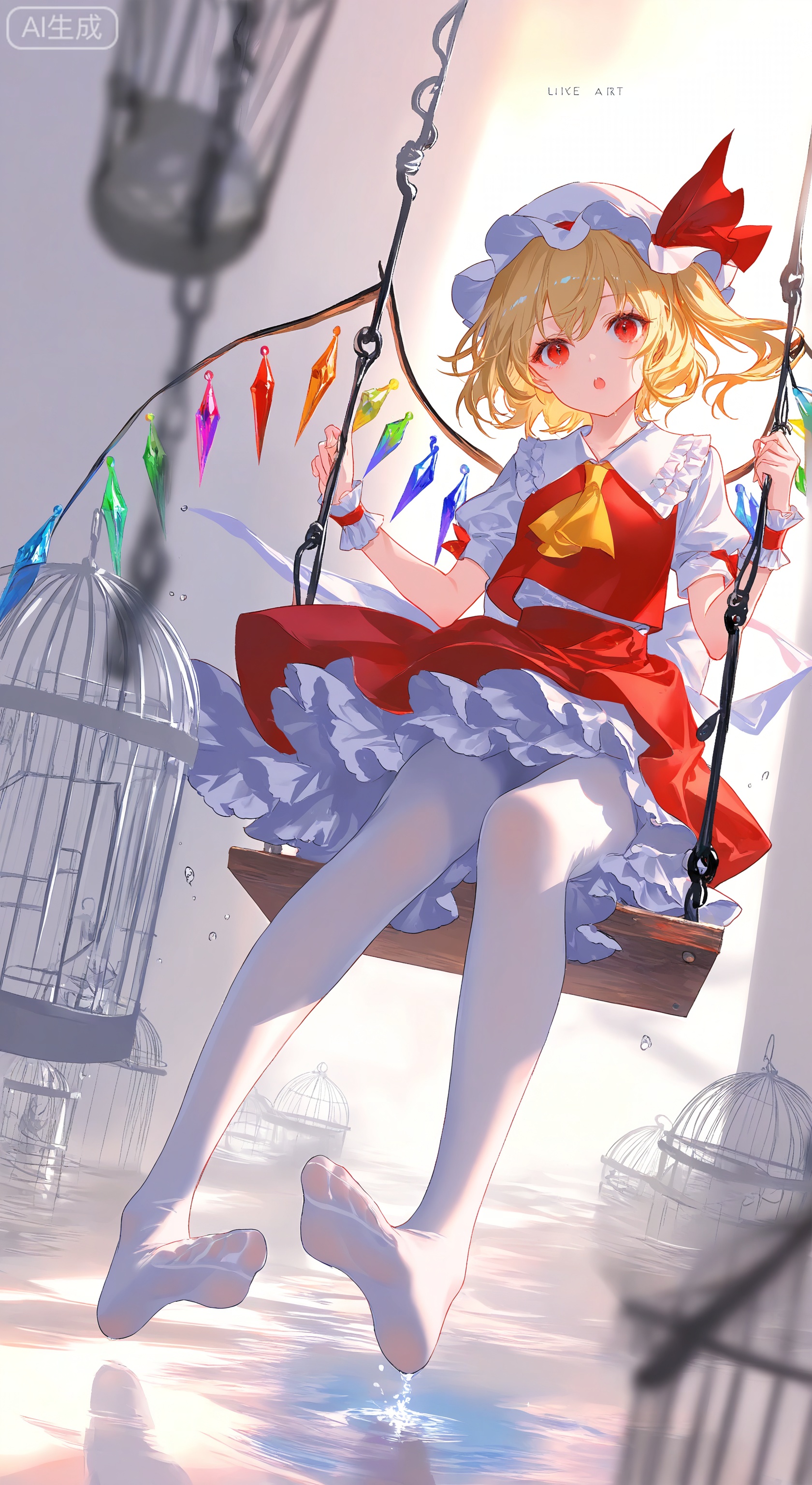 1girl, solo, looking at viewer, short hair, open mouth, skirt, blonde hair, red eyes, hat, ribbon, holding, full body, short sleeves, pantyhose, frills, wings, puffy sleeves, water, :o, vest, feet, english text, red ribbon, puffy short sleeves, wet, ascot, toes, white headwear, one side up, no shoes, soles, mob cap, hat ribbon, white pantyhose, crystal, yellow ascot, red vest, cage, birdcage, swing, flandre scarlet
,Light, shadow ,(Murata_Renge:0.8),(reoen1:1),(as109:0.7),(Saebe_Shun:0.7),(akipeko:0.7),(Toronto:0.8),(lineart:0.8),(fuzichoco:0.6),(Mika Pikazo:0.4),(Artist:  sheya:0.5),(wlop:0.4),Illustration,Simple Flat Coloring,lightshadow,line art,shadow,masterpiece,best quality,good quality,very aesthetic,A shot with tension,impactful picture,offcial art,movie perspective,masterpiece,facing the lens,best quality,very aesthetic,extremely delicate and beautiful,huge filesize,amazing quality,Blurred foreground,solo_focus,simple_background,depth_of_field,sunlight,reflective,masterful details,intricate details,soothing tones,high contrast,natural skin texture,soft  light,sharp,ultra-high resolution,32K UHD