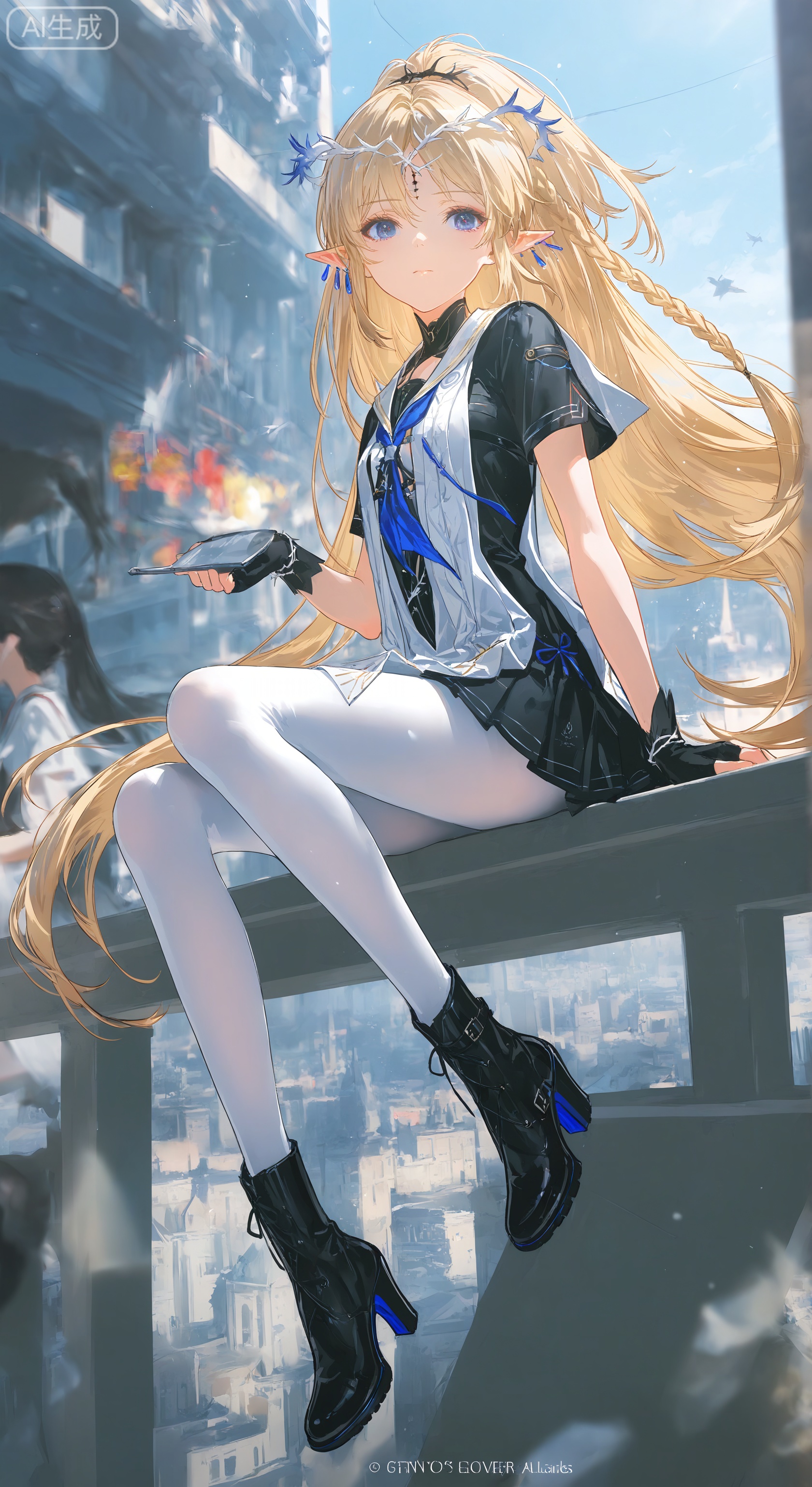 1girl, solo, long hair, looking at viewer, bangs, skirt, blonde hair, shirt, hair ornament, gloves, hair between eyes, sitting, very long hair, closed mouth, school uniform, purple eyes, full body, ponytail, short sleeves, pantyhose, pleated skirt, boots, outdoors, sky, serafuku, day, black gloves, fingerless gloves, black skirt, sailor collar, black footwear, blurry, high heels, neckerchief, black shirt, building, white pantyhose
Cartethyia \(wuthering waves\), clothes: Cartethyia **** style clothes, small blue and white crown of thorns, Cartethyia white dress, black forehead mark, 1girl, blonde hair, pointy ears, long hair, blue eyes, braid, **** girl
,Light, shadow ,(Murata_Renge:0.8),(reoen1:1),(as109:0.7),(Saebe_Shun:0.7),(akipeko:0.7),(Toronto:0.8),(lineart:0.8),(fuzichoco:0.6),(Mika Pikazo:0.4),(Artist:  sheya:0.5),(wlop:0.4),Illustration,Simple Flat Coloring,lightshadow,line art,shadow,masterpiece,best quality,good quality,very aesthetic,A shot with tension,impactful picture,offcial art,movie perspective,masterpiece,facing the lens,best quality,very aesthetic,extremely delicate and beautiful,huge filesize,amazing quality,Blurred foreground,solo_focus,simple_background,depth_of_field,sunlight,reflective,masterful details,intricate details,soothing tones,high contrast,natural skin texture,soft  light,sharp,ultra-high resolution,32K UHD,yswh