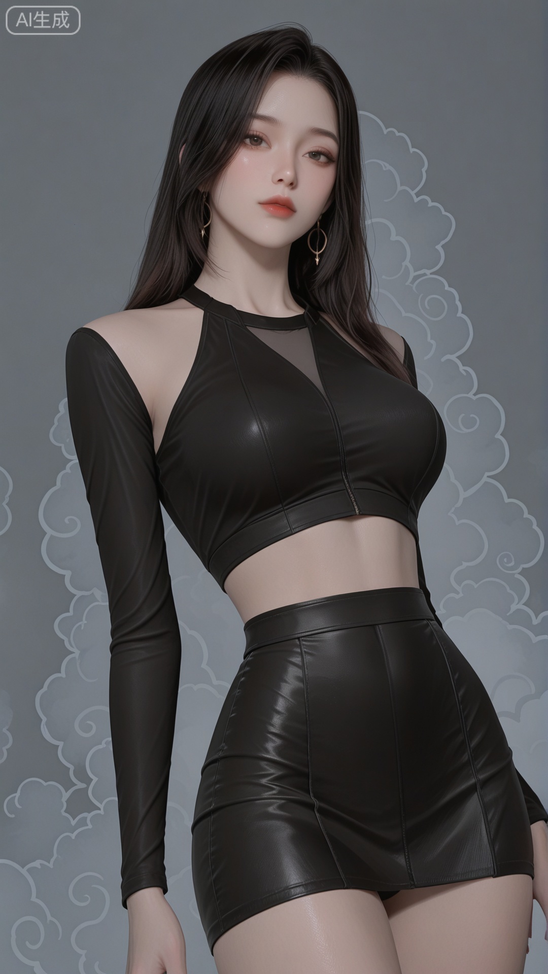 black crop top, black bodycon skirt, solo, exquisite skin, standing, cowboy_shot, looking at viewer, even illumination, very awa, Solid Glossy and cloud background,