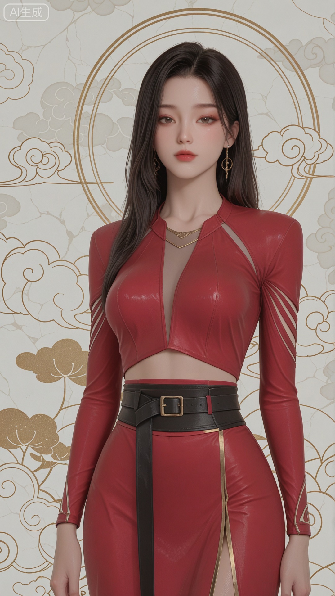 LY clothes, solo, exquisite skin, standing, cowboy_shot, looking at viewer, even illumination, very awa, Solid Glossy and cloud background,