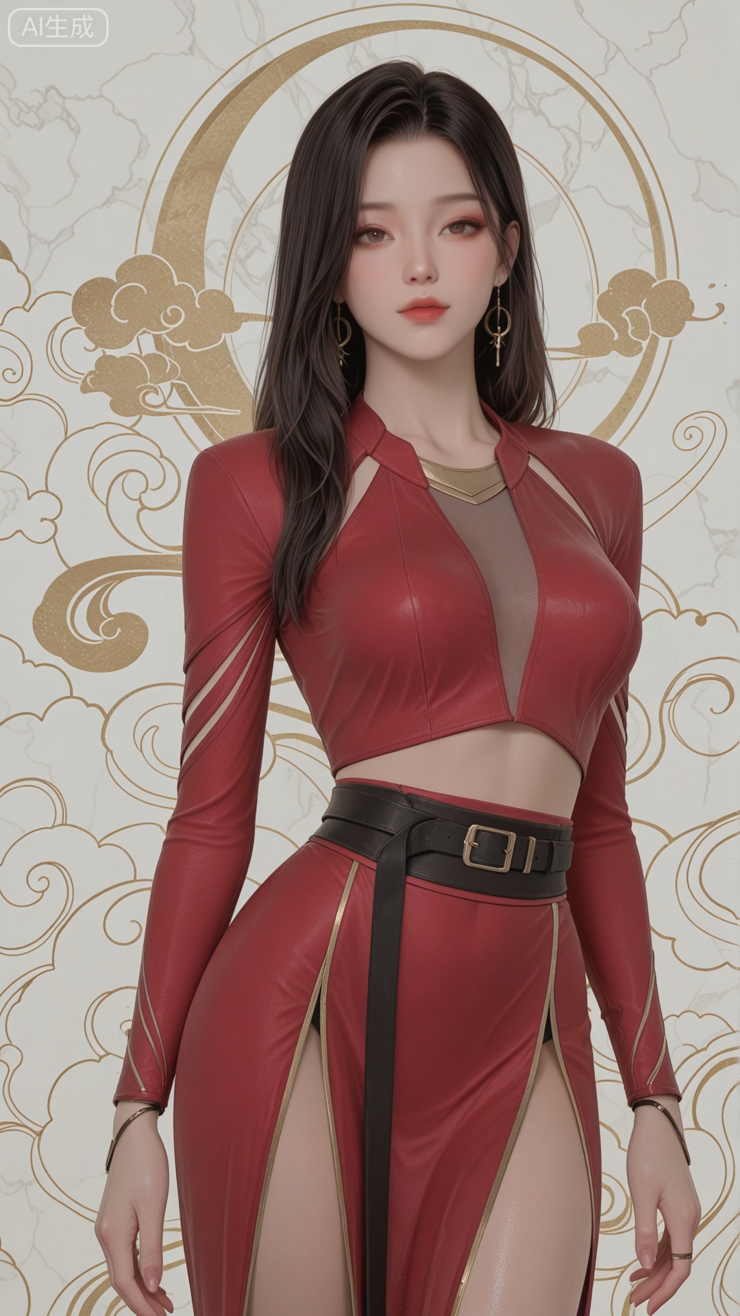 LY clothes, solo, exquisite skin, standing, cowboy_shot, looking at viewer, even illumination, very awa, Solid Glossy and cloud background,