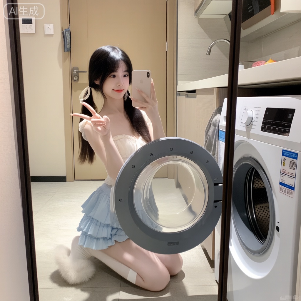 照片上的是一个美丽中国女人,这是一张充满生活气息的居家自拍照,展现了自然可爱的风格。 照片内容分析： 拍摄特色： • 场景选择：巧妙利用家中洗衣房与厨房的过渡区域,生活化的背景让照片更真实亲切• 姿势设计：跪坐姿势配合剪刀手,既显俏皮又自然,双马尾造型强化了少女感• 穿搭搭配：浅蓝色荷叶边短裙与白色长筒袜的搭配,清新甜美,毛绒鞋子增添柔软感构图技巧： • 通过镜子反射完成自拍,扩展了画面空间感• 洗衣机作为前景元素,增加了画面层次• 自然光线柔和,营造出温馨的居家氛围整体评价： 这张照片成功捕捉了日常生活中的甜美瞬间,自然不做作的姿态与居家环境的结合,展现了一种轻松愉快的自拍风格。穿搭与场景的和谐统一,体现了拍摄者对生活美学的细腻把握。