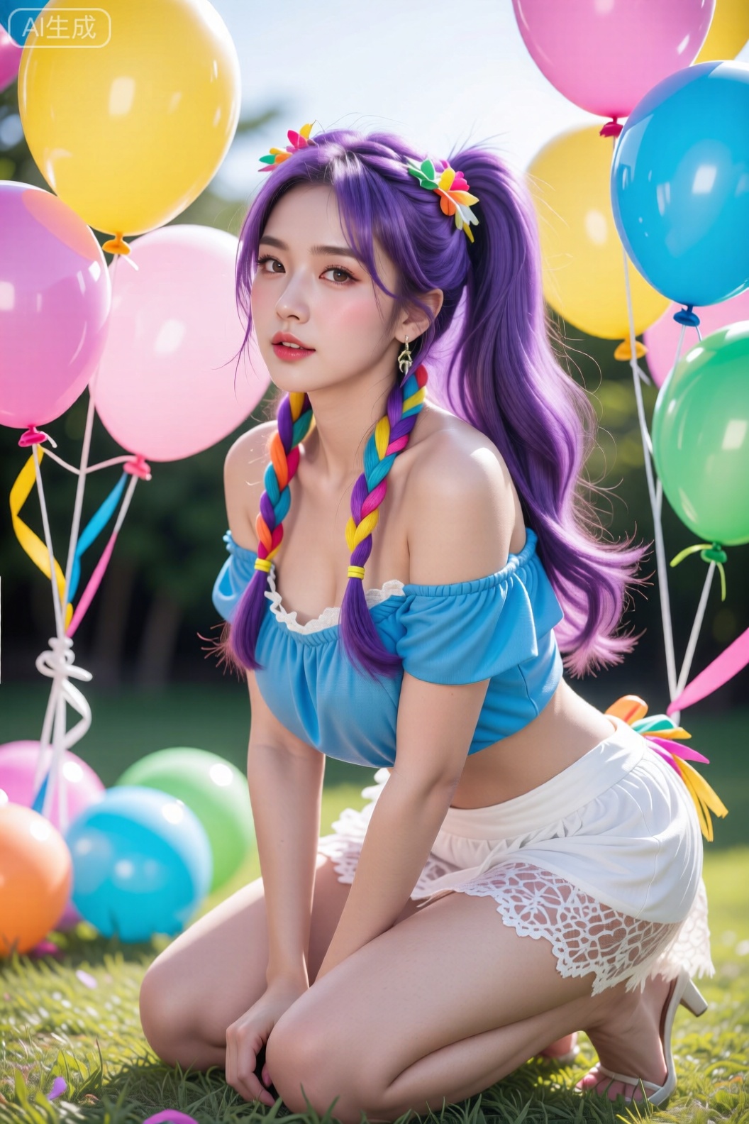 画面呈现了一位紫色长发女性的活泼形象,高马尾与彩色发辫彰显个性。她身着蓝色露肩上衣与白色蕾丝内搭,蹲姿轻松自然。背景中黄、粉、蓝、绿等彩色气球与飘带构成欢快的视觉韵律,明亮色调与青春气息相得益彰,仿佛捕捉了庆典中的俏皮瞬间。

