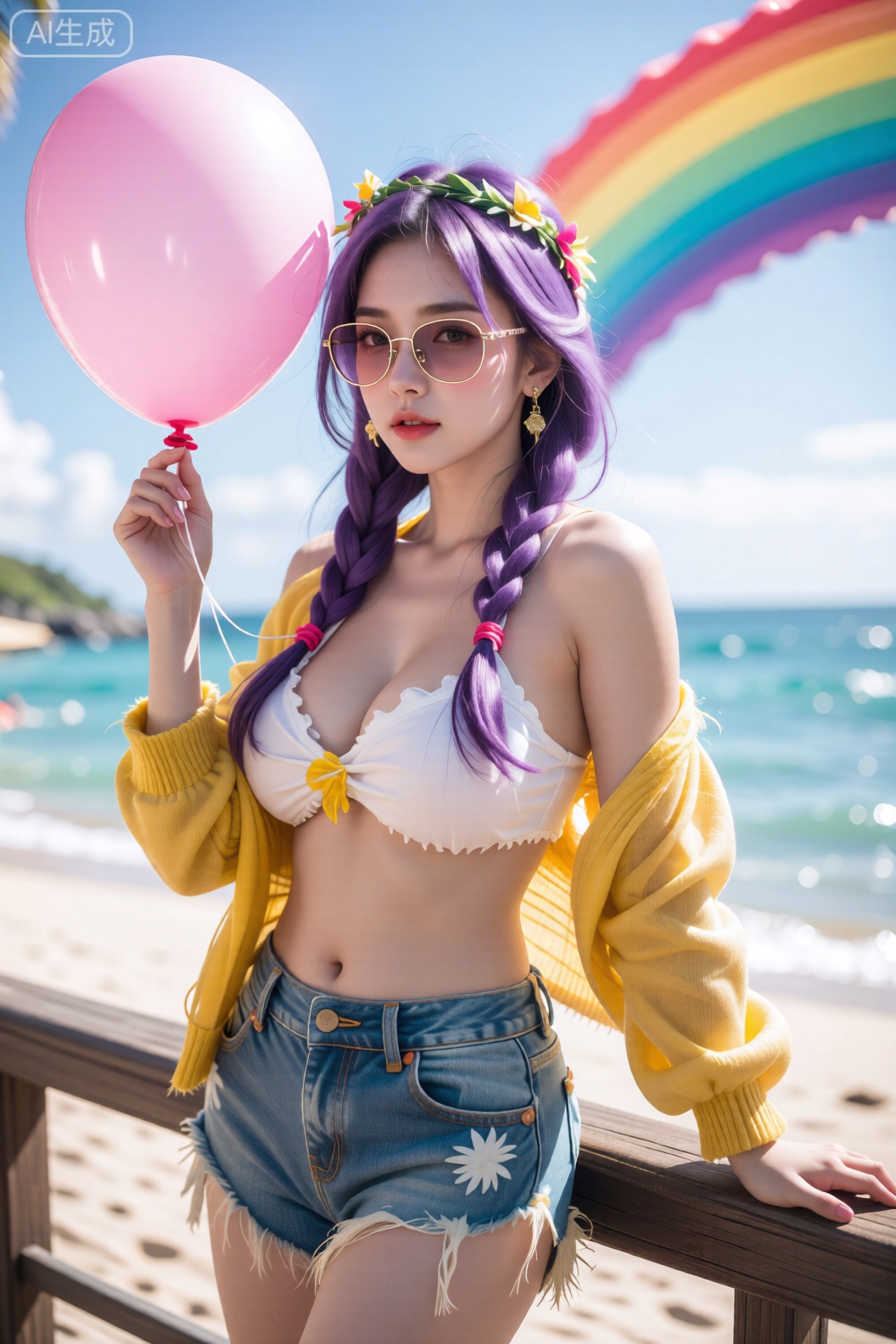 紫发女性倚靠栏杆,白色吊带与亮黄开衫搭配牛仔热裤,尽显夏日清新。她轻捏粉色气球,身后彩虹与蓝天沙滩构成梦幻背景。金属框太阳镜与编发细节增添时尚感,整体画面如假日明信片般充满生机。


