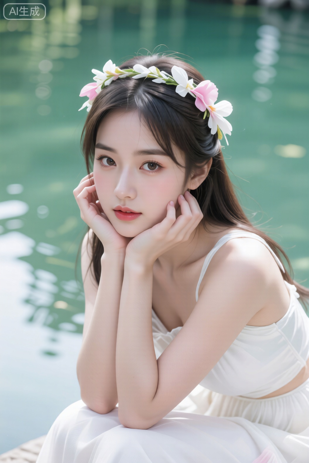 肖像特写凸显柔美气质。白衣女子佩戴白粉相间的发饰,双手托腮的姿势温柔雅致。碧绿池水作为背景纯净通透,水面倒影隐约可见,聚焦于人物明亮眼眸与清新妆容。中心构图强化主体表现力,柔和光线与低饱和度色调共同烘托出梦幻般的静谧美感。

