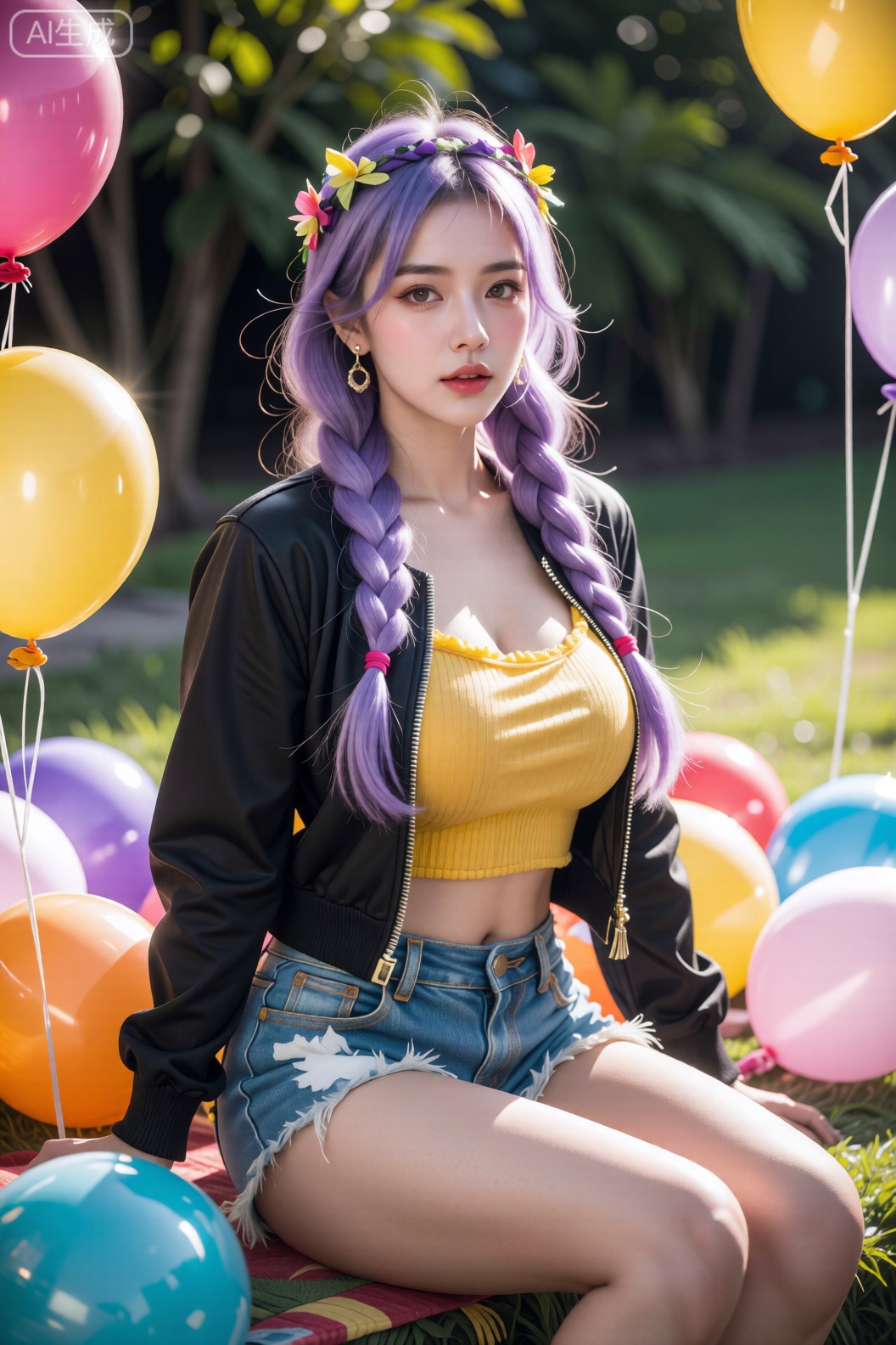 淡紫色长辫的女性坐在户外,黄色紧身上衣与牛仔短裤搭配黑色夹克,展现休闲时尚感。周围散落的彩色气球与明媚光线共同营造愉悦氛围,人物放松的姿态与灿烂背景呼应,似在记录一场充满活力的户外聚会。

