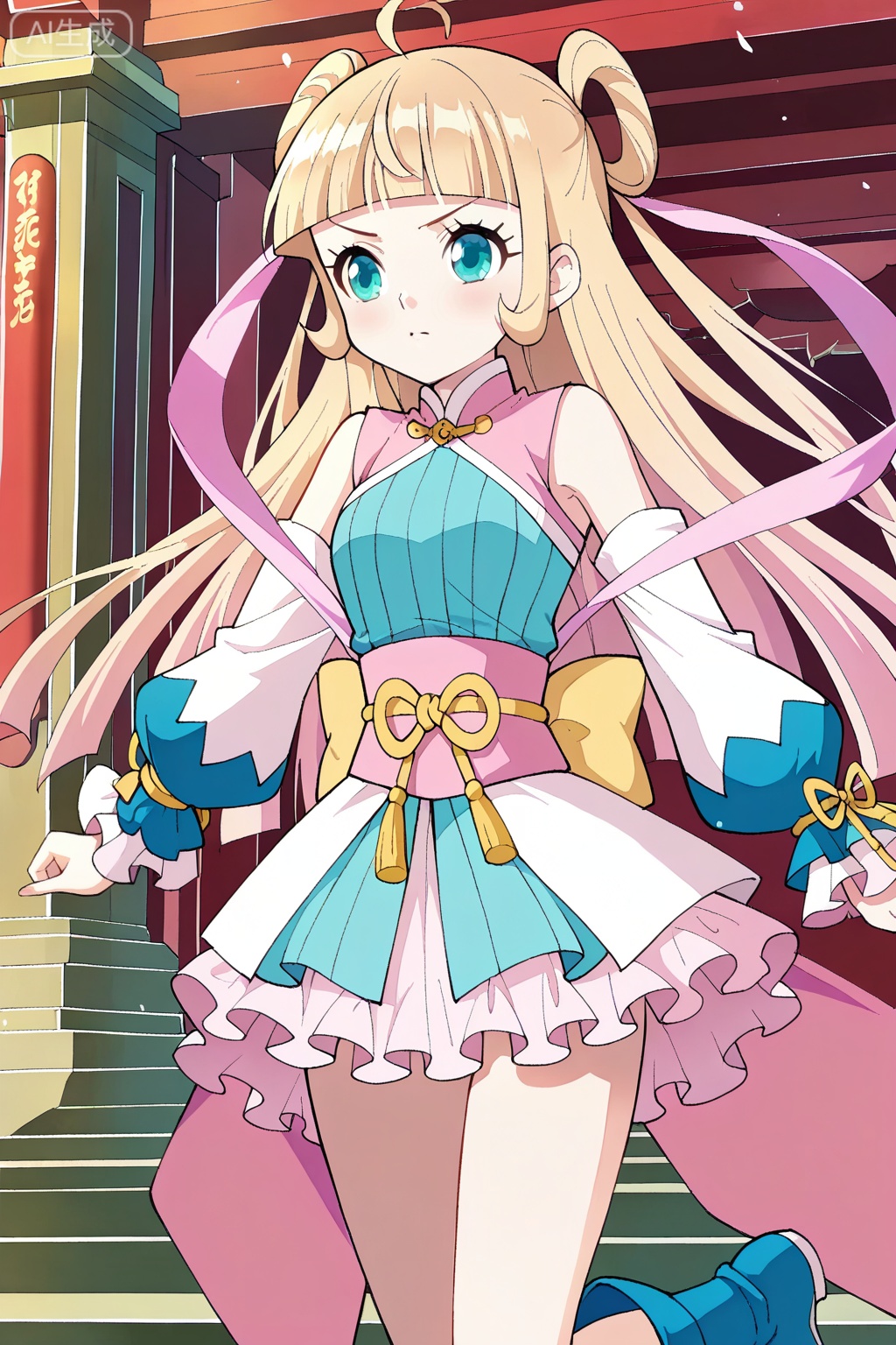 慕青鸾,1girl, solo, blonde hair, twin buns, long hair, ahoge, blunt bangs, teal eyes, anime style,blue and pink outfit, oriental dress, short dress, frilled skirt, pink sash, golden bow, detached sleeves, long sleeves, blue boots, big cuffs, ribbon details, open shoulders,
