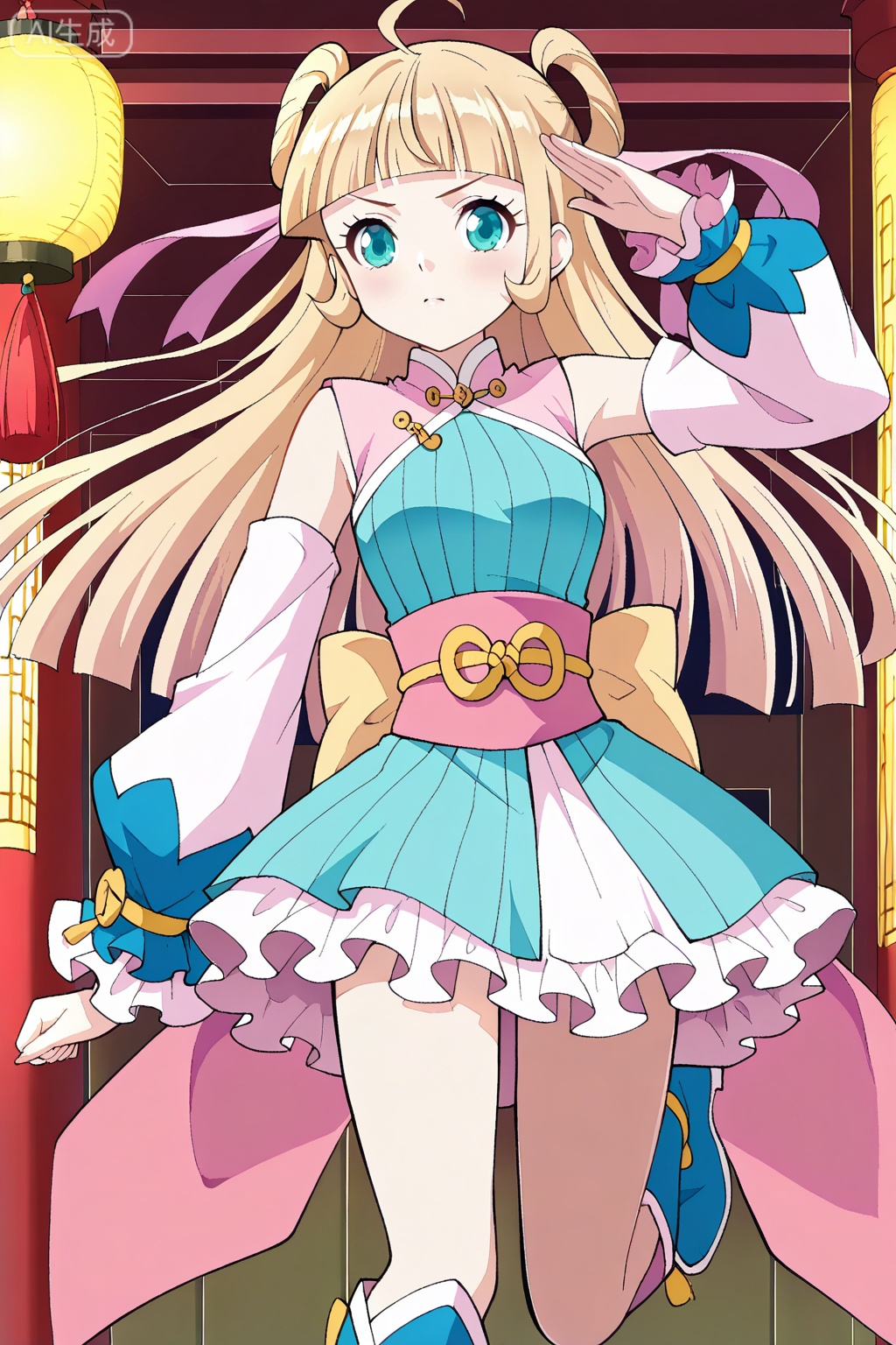 慕青鸾,1girl, solo, blonde hair, twin buns, long hair, ahoge, blunt bangs, teal eyes, anime style,blue and pink outfit, oriental dress, short dress, frilled skirt, pink sash, golden bow, detached sleeves, long sleeves, blue boots, big cuffs, ribbon details, open shoulders,