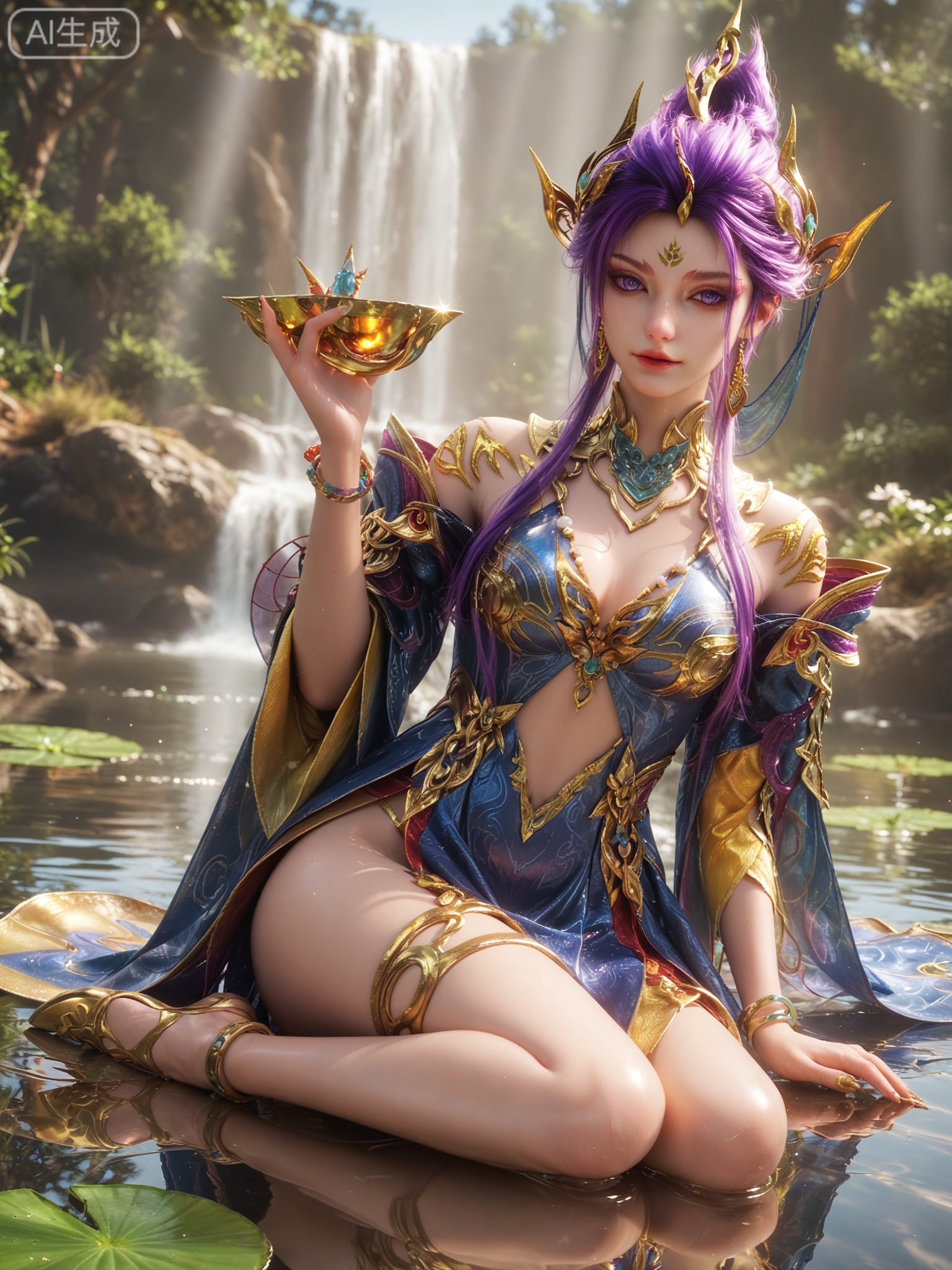 score_9,score_8_up,score_7_up,1girl,looking_at_viewer,realistic,photorealistic,1girl,Vivid Colors,bright environment,shiny skin,shiny hairjewelry,detail eyes,Eyes highlights,extreme detail description,(full body:0.8),light,glowing,sunshine,bright,reflection,bright,sunshine on face,shiny,shinny,petite,thin,leg slimming,lose weight,slim hips,lakeside,delicate water,reflection,specular reflection,sitting_down,bracelet,blue dress,purple hair,