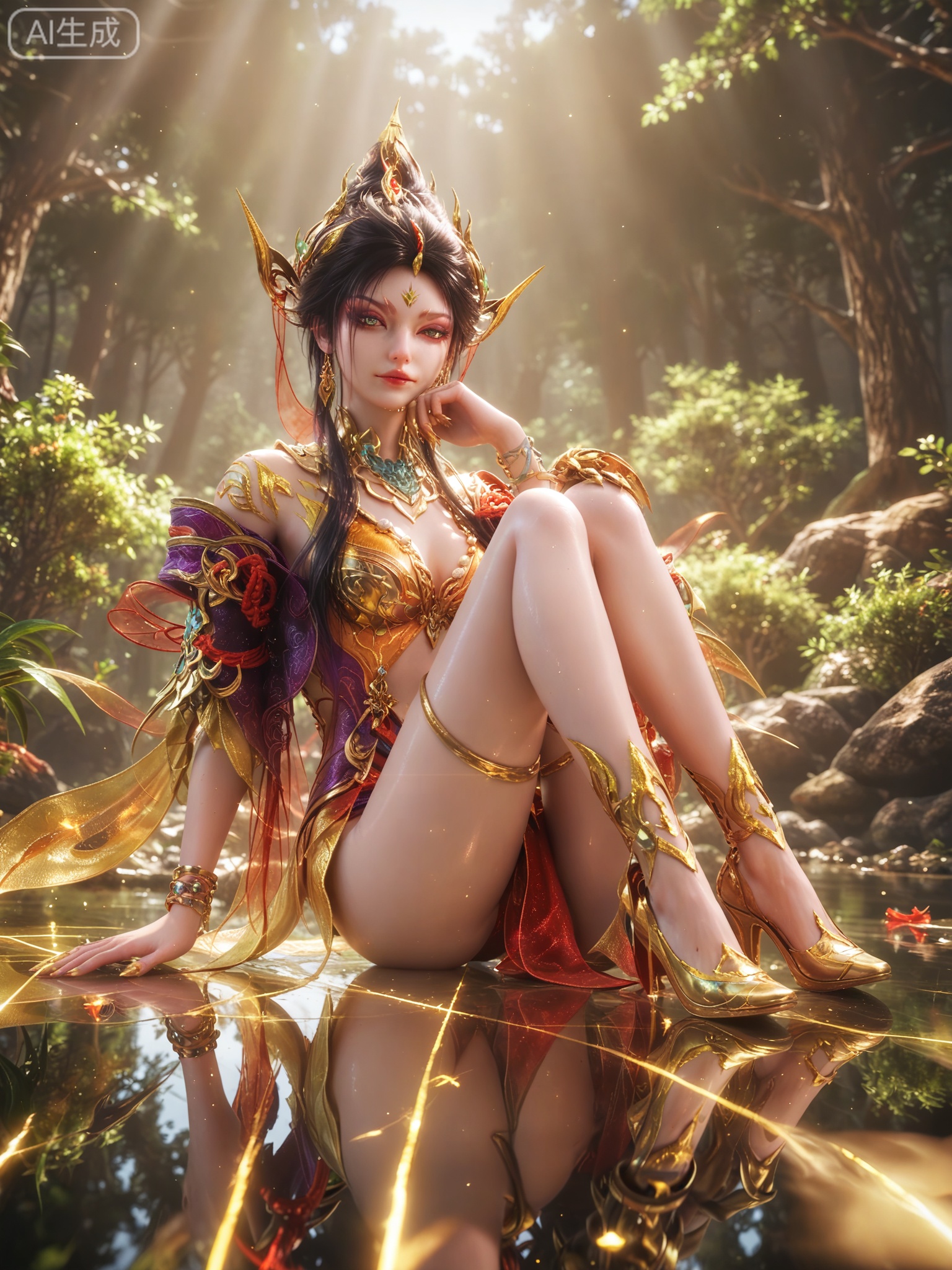 score_9,score_8_up,score_7_up,1girl,looking_at_viewer,realistic,photorealistic,1girl,Vivid Colors,bright environment,shiny skin,shiny hairjewelry,detail eyes,Eyes highlights,extreme detail description,(full body:0.8),light,glowing,sunshine,bright,reflection,bright,sunshine on face,shiny,shinny,petite,thin,leg slimming,lose weight,slim hips,lakeside,delicate water,reflection,specular reflection,sitting_down,bracelet,