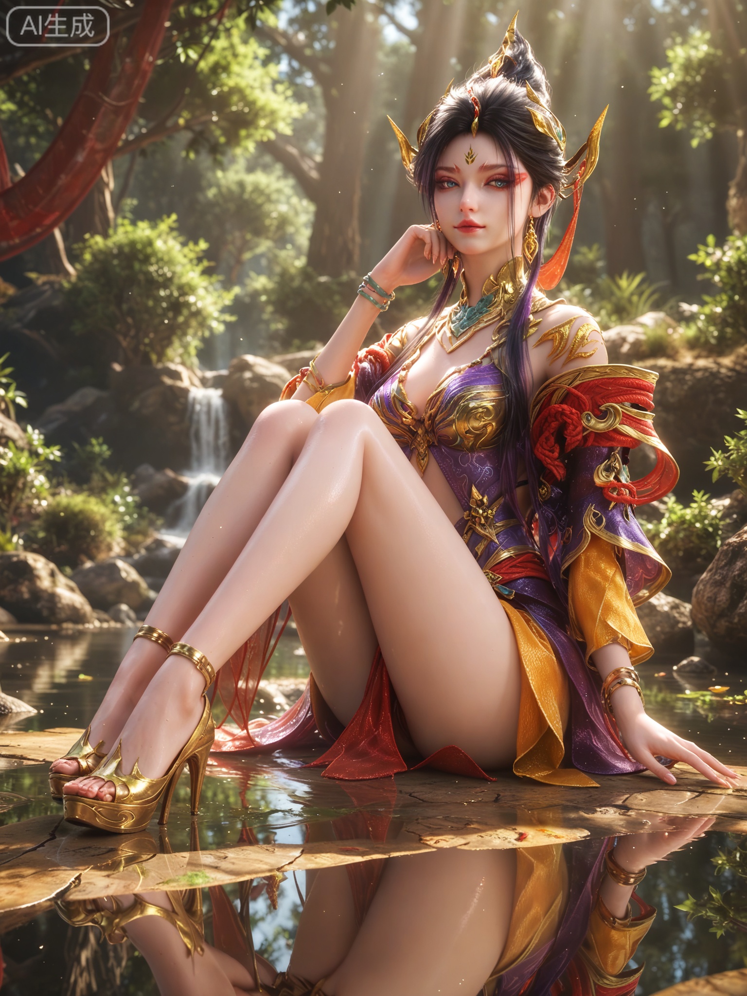 score_9,score_8_up,score_7_up,1girl,looking_at_viewer,realistic,photorealistic,1girl,Vivid Colors,bright environment,shiny skin,shiny hairjewelry,detail eyes,Eyes highlights,extreme detail description,(full body:0.8),light,glowing,sunshine,bright,reflection,bright,sunshine on face,shiny,shinny,petite,thin,leg slimming,lose weight,slim hips,lakeside,delicate water,reflection,specular reflection,sitting_down,bracelet,