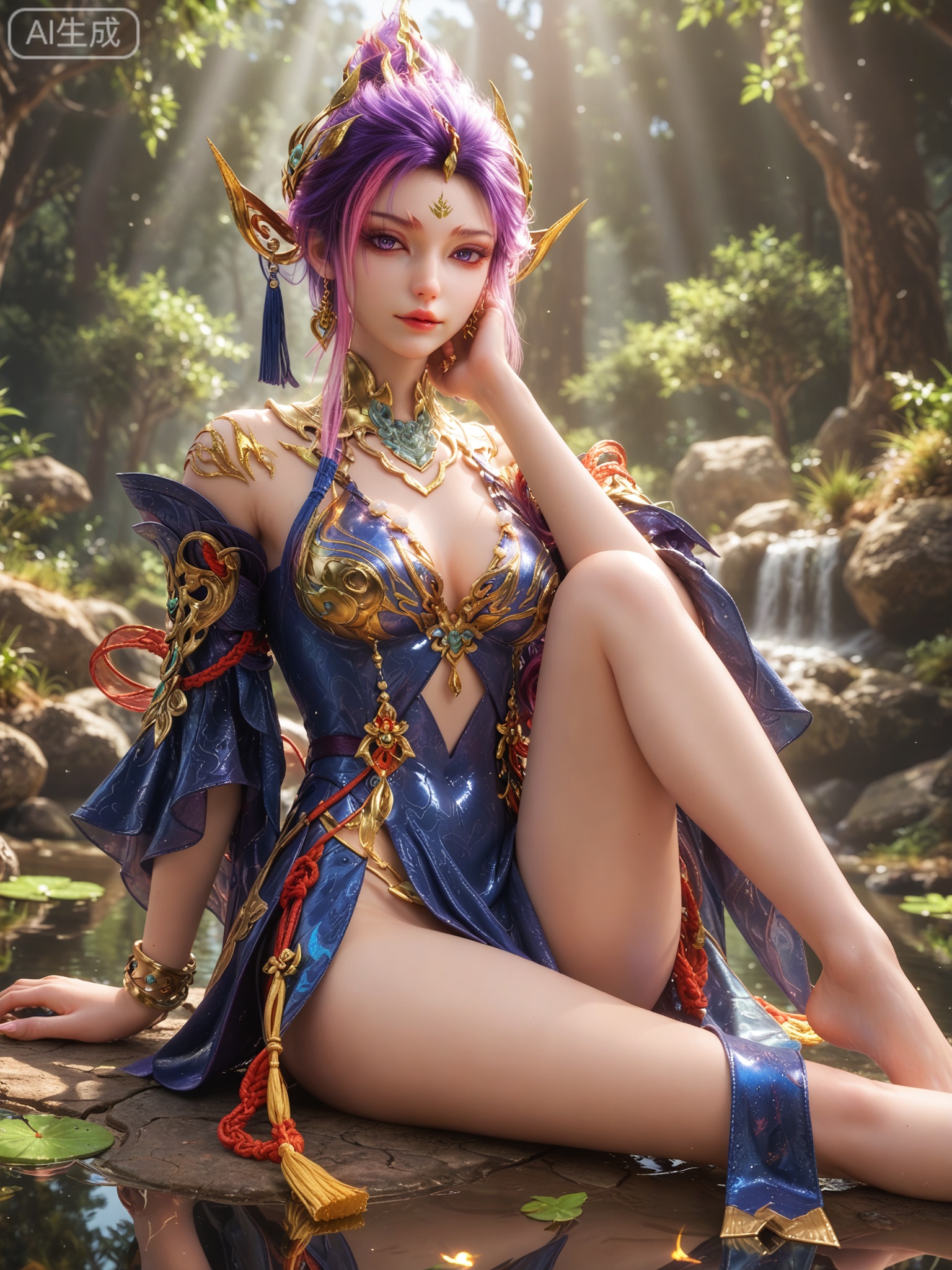 score_9,score_8_up,score_7_up,1girl,looking_at_viewer,realistic,photorealistic,1girl,Vivid Colors,bright environment,shiny skin,shiny hairjewelry,detail eyes,Eyes highlights,extreme detail description,(full body:0.8),light,glowing,sunshine,bright,reflection,bright,sunshine on face,shiny,shinny,petite,thin,leg slimming,lose weight,slim hips,lakeside,delicate water,reflection,specular reflection,sitting_down,bracelet,official alternate costume,blue dress,purple hair,pink hair,clothing cutout,short hair,tassel,