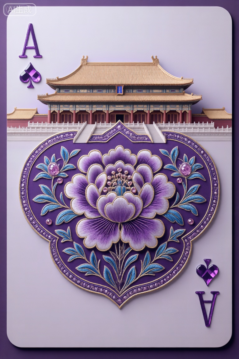 海报设计风格,极简风格,大胆前卫的3D立体画面设计,北京紫禁城,点翠绢花刺绣技艺融合,结构宽大,横向拉伸感明显,具有张力,苏绣线条艺术排列组合,空灵唯美,刺绣艺术的几何曲线切割, 空间紧凑,视差错位,拼接组合,保留观赏性的同时增强了未来视觉流动效果。唯美大气,高级审美,大师风格。雅致配色,水晶工艺,扑克牌