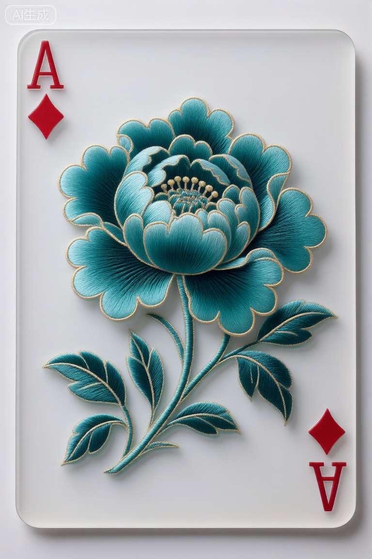 海报设计风格,极简风格,大胆前卫的3D立体画面设计,,点翠绢花刺绣技艺融合,结构宽大,横向拉伸感明显,具有张力,苏绣线条艺术排列组合,空灵唯美,刺绣艺术的几何曲线切割, 空间紧凑,视差错位,拼接组合,保留观赏性的同时增强了未来视觉流动效果。唯美大气,高级审美,大师风格。雅致配色,水晶工艺,扑克牌红桃K