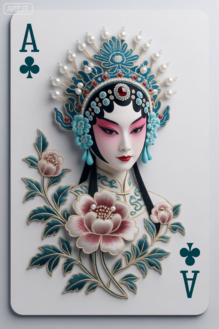 海报设计风格,极简风格,大胆前卫的3D立体画面设计,京剧花旦的设计,点翠绢花刺绣技艺融合,结构宽大,横向拉伸感明显,具有张力,苏绣线条艺术排列组合,空灵唯美,刺绣艺术的几何曲线切割, 空间紧凑,视差错位,拼接组合,保留观赏性的同时增强了未来视觉流动效果。唯美大气,高级审美,大师风格。雅致配色,水晶工艺,扑克牌