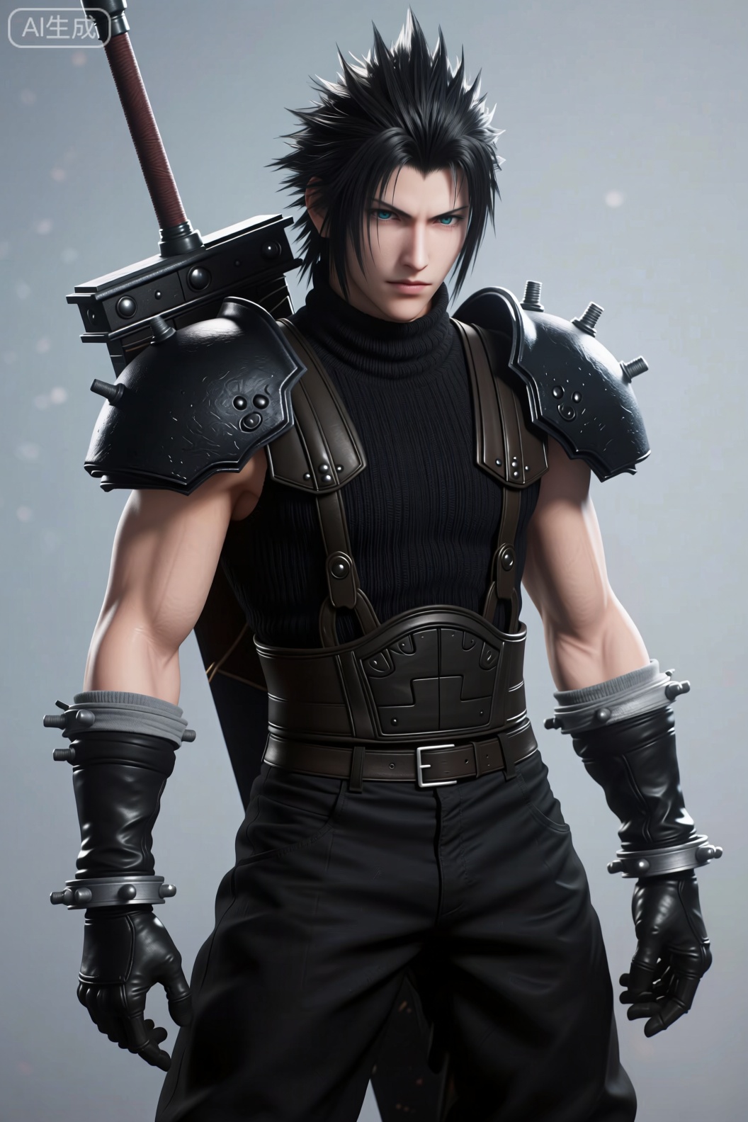 这是《最终幻想7：核心危机》中的扎克斯·菲尔。
 
- 形象阶段：此为其成长后的成熟形象，展现出1st级战士的坚毅与担当。
- 造型细节：黑色spike 发型，身着黑色高领无袖毛衣、黑色肩甲与腰甲，搭配黑色长裤和皮靴，背后背负大型武器，姿态自信且具领袖气质。
- 角色意义：作为《最终幻想7》系列的关键角色，他的成长轨迹和牺牲精神是剧情的重要情感支撑，该形象体现了他从青涩到成熟的蜕变，在系列粉丝中具有深刻的情感共鸣。