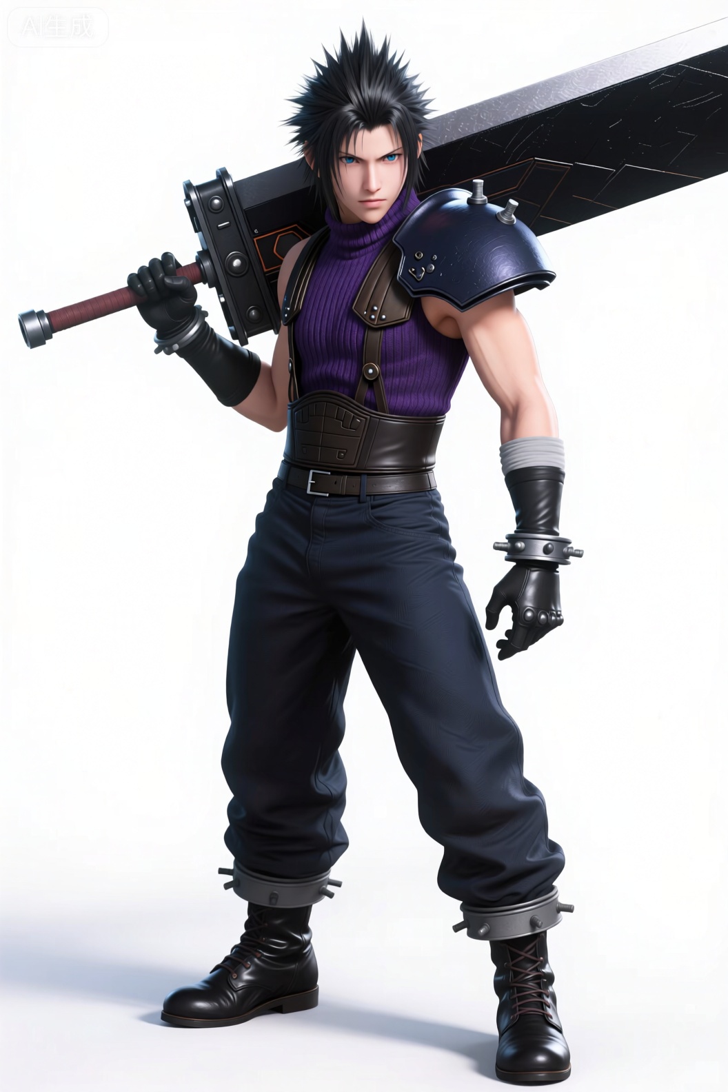 这是《最终幻想7：核心危机》中的扎克斯·菲尔。
 
- 角色阶段：图中展现的是他作为2nd级战士（16~17岁阶段）的形象，此时性格调皮且带有些冲动。
- 形象细节：黑色spike 发型，身着紫色无袖高领毛衣、黑色肩甲、深色长裤与黑色皮靴，手持武器，姿态充满战斗张力。
- 作品意义：该形象属于《最终幻想7》系列的经典角色设定，其成长与经历是《最终幻想7：核心危机》剧情的核心线索之一，串联起前传与正传的故事脉络，在粉丝群体中具有极高辨识度。