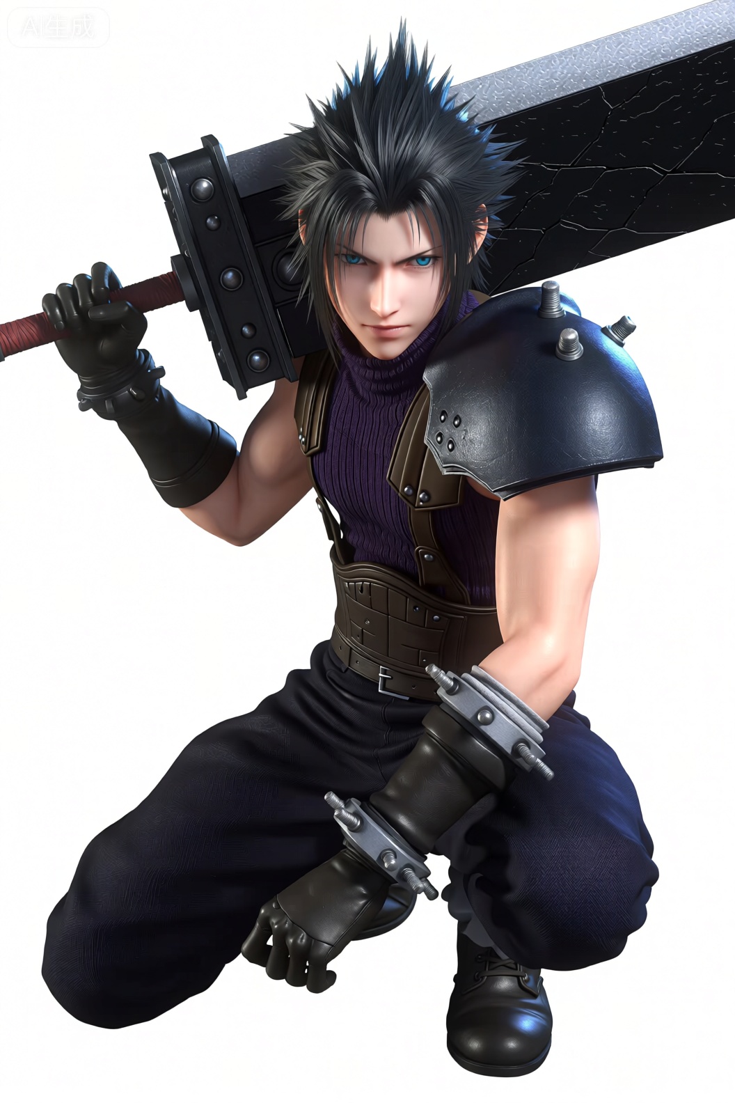 这是《最终幻想7：核心危机》中的扎克斯·菲尔。
 
- 角色阶段：图中展现的是他作为2nd级战士（16~17岁阶段）的形象，此时性格调皮且带有些冲动。
- 形象细节：黑色spike 发型，身着紫色无袖高领毛衣、黑色肩甲、深色长裤与黑色皮靴，手持武器，姿态充满战斗张力。
- 作品意义：该形象属于《最终幻想7》系列的经典角色设定，其成长与经历是《最终幻想7：核心危机》剧情的核心线索之一，串联起前传与正传的故事脉络，在粉丝群体中具有极高辨识度。