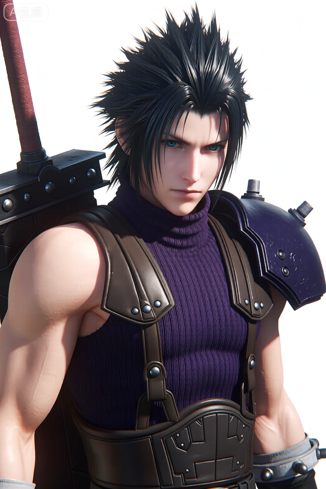 这是《最终幻想7：核心危机》中的扎克斯·菲尔。
 
- 背景身份：曾是神罗公司一级战士，克劳德的前辈与精神引导者，性格坚毅且富有正义感。
- 形象特征：黑色spike 发型极具辨识度，身着紫色无袖高领毛衣，搭配黑色肩甲与皮制背带，手持大型武器，造型充满力量感。
- 作品关联：出自《最终幻想7：核心危机》（《最终幻想7》前传），其故事为《最终幻想7》主线奠定了情感与剧情基础，是该系列中极具人气的角色之一。