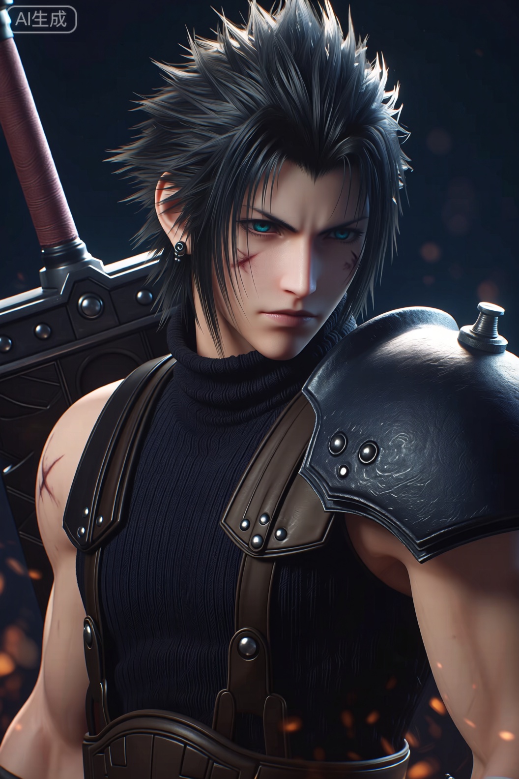 这是《最终幻想7：核心危机》中的扎克斯·菲尔。
 
- 形象特征：黑色spike 发型，佩戴耳饰，面部有疤痕，身着黑色高领无袖毛衣与黑色肩甲，肩部装备细节丰富，背后可见大型武器的部分结构。
- 角色阶段：此形象展现其作为1st级战士的成熟状态，体现出经历历练后的坚毅与魅力。
- 文化意义：作为《最终幻想7》系列的核心角色之一，他的形象设计融合了日式RPG的美学风格，其成长与牺牲的故事线为系列奠定了深刻的情感基调，该形象是粉丝对其角色记忆的重要视觉符号。