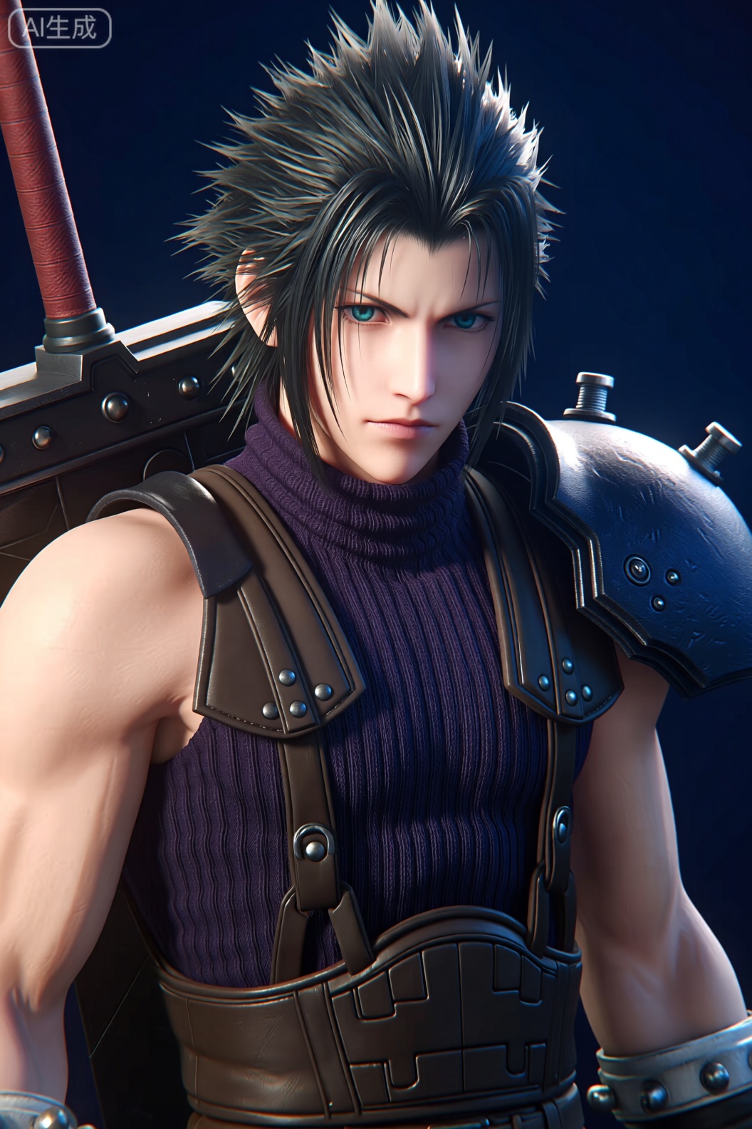 这是《最终幻想7：核心危机》中的扎克斯·菲尔。
 
- 背景身份：曾是神罗公司一级战士，克劳德的前辈与精神引导者，性格坚毅且富有正义感。
- 形象特征：黑色spike 发型极具辨识度，身着紫色无袖高领毛衣，搭配黑色肩甲与皮制背带，手持大型武器，造型充满力量感。
- 作品关联：出自《最终幻想7：核心危机》（《最终幻想7》前传），其故事为《最终幻想7》主线奠定了情感与剧情基础，是该系列中极具人气的角色之一。