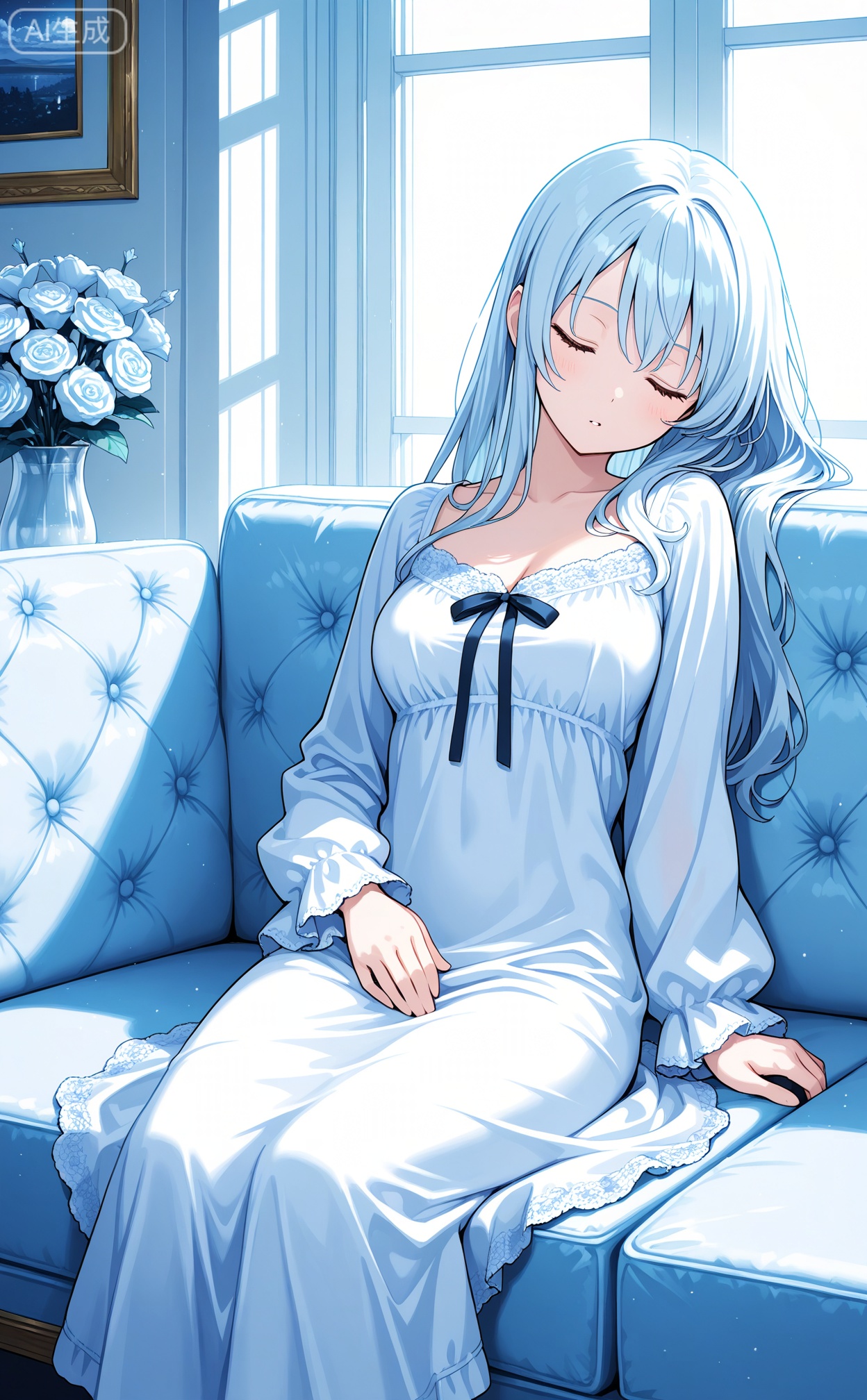 Digital art,illustration,masterpiece,best quality,
1girl,long hair ,sleeping dress,sitting on couch,in doors,flowers theme,white  blue theme,depth of fileds,


