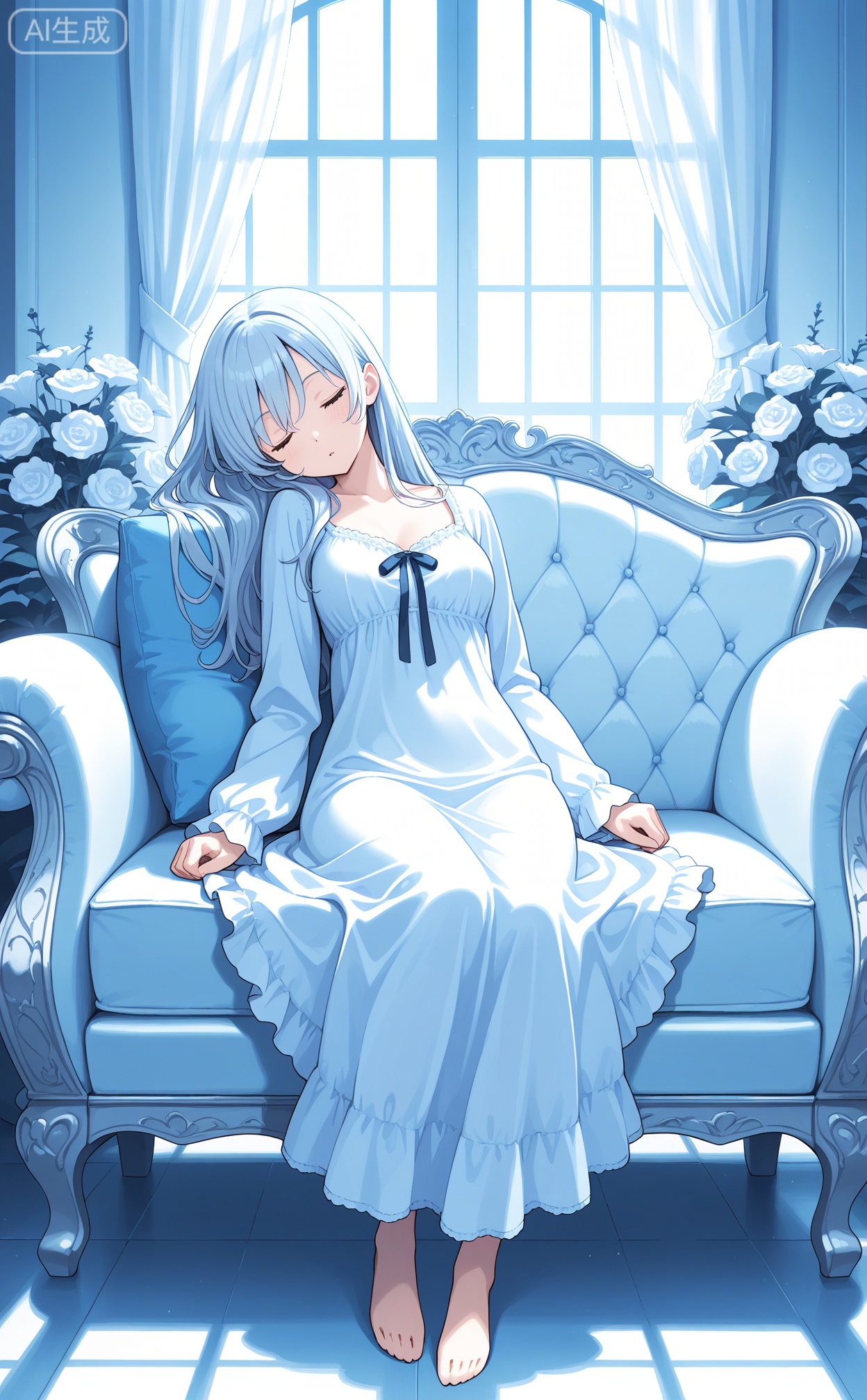 Digital art,illustration,masterpiece,best quality,
1girl,long hair ,sleeping dress,sitting on couch,in doors,flowers theme,white  blue theme,depth of fileds,


