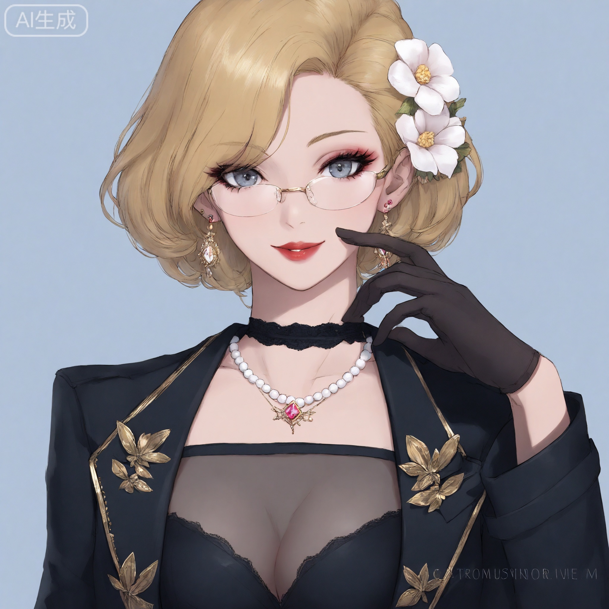 art_WeiM,Digital art,illustration,masterpiece,best quality,Delicate eyes,delicate face,
1girl, solo, jewelry, necklace, blonde hair, gloves, hair ornament, glasses, looking at viewer, flower, hair flower, earrings, short hair, black gloves, choker, upper body, blue eyes, makeup, white flower, red lips, semi-rimless eyewear, jacket, pearl necklace, blue background, grey eyes, lipstick, grey background, black jacket, lips, simple background, smile, parted lips, hand up, under-rim eyewear, dress, see-through, eyelashes, holding, gold trim, closed mouth, beads, gem, artist name, long sleeves, breasts,  Blond woman in glasses and pearls, standing against stained glass window background, posing for camera. 