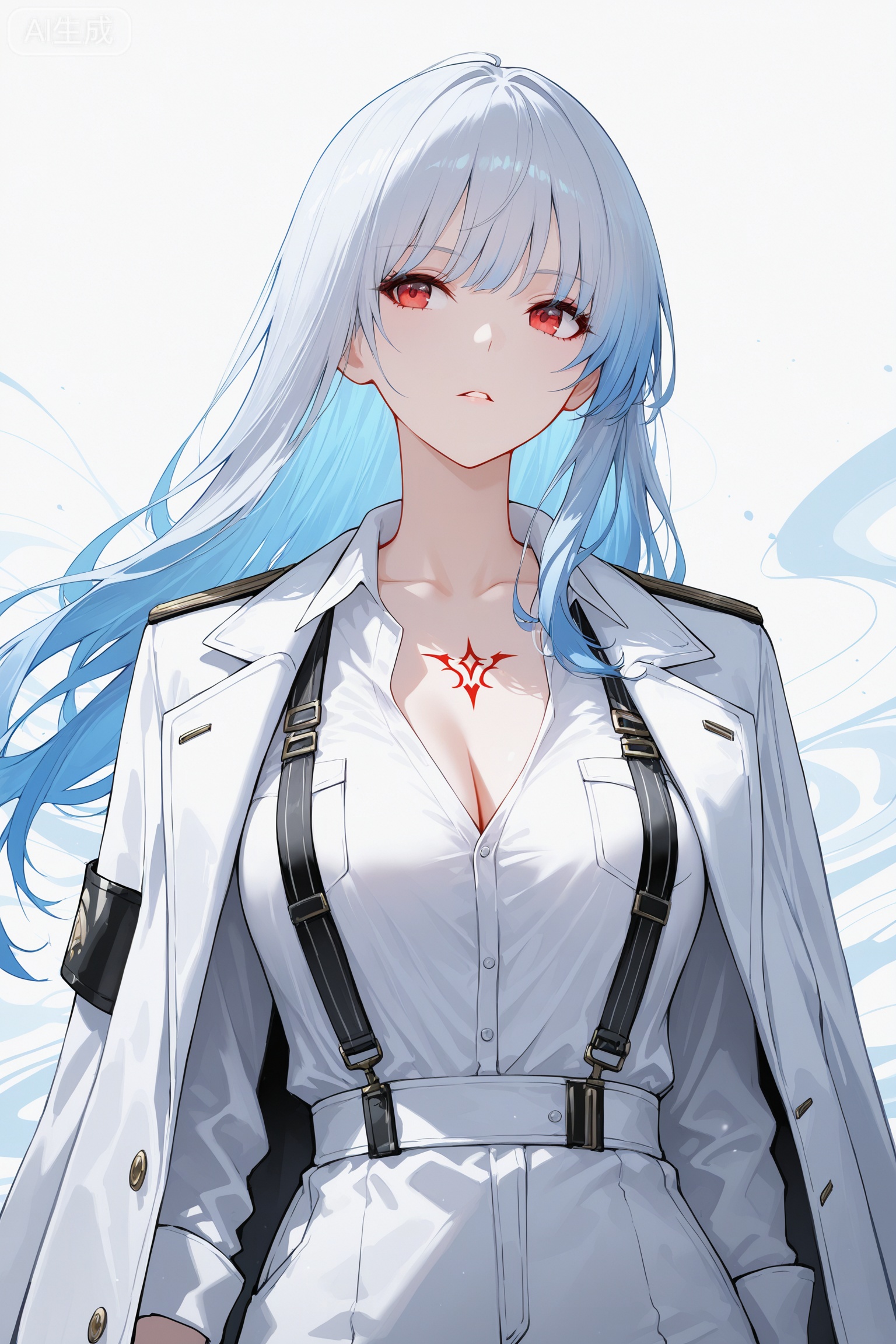 art_WeiM,Digital art,illustration,masterpiece,best quality,Delicate eyes,delicate face,
1girl, solo, long hair, upper body, white background, jacket, shirt, grey hair, white shirt, breasts, red eyes, collared shirt, parted lips, simple background, white hair, jacket on shoulders, tattoo, expressionless, looking to the side, coat, blue hair, cleavage, bangs, uniform, white jacket, open clothes, teeth, collarbone, long sleeves,  Female anime character with long blue hair and a serious expression, dressed in a white outfit and black accessories. She is standing against a light-colored background with some abstract patterns. The overall tone of the image is moody and contemplative. 