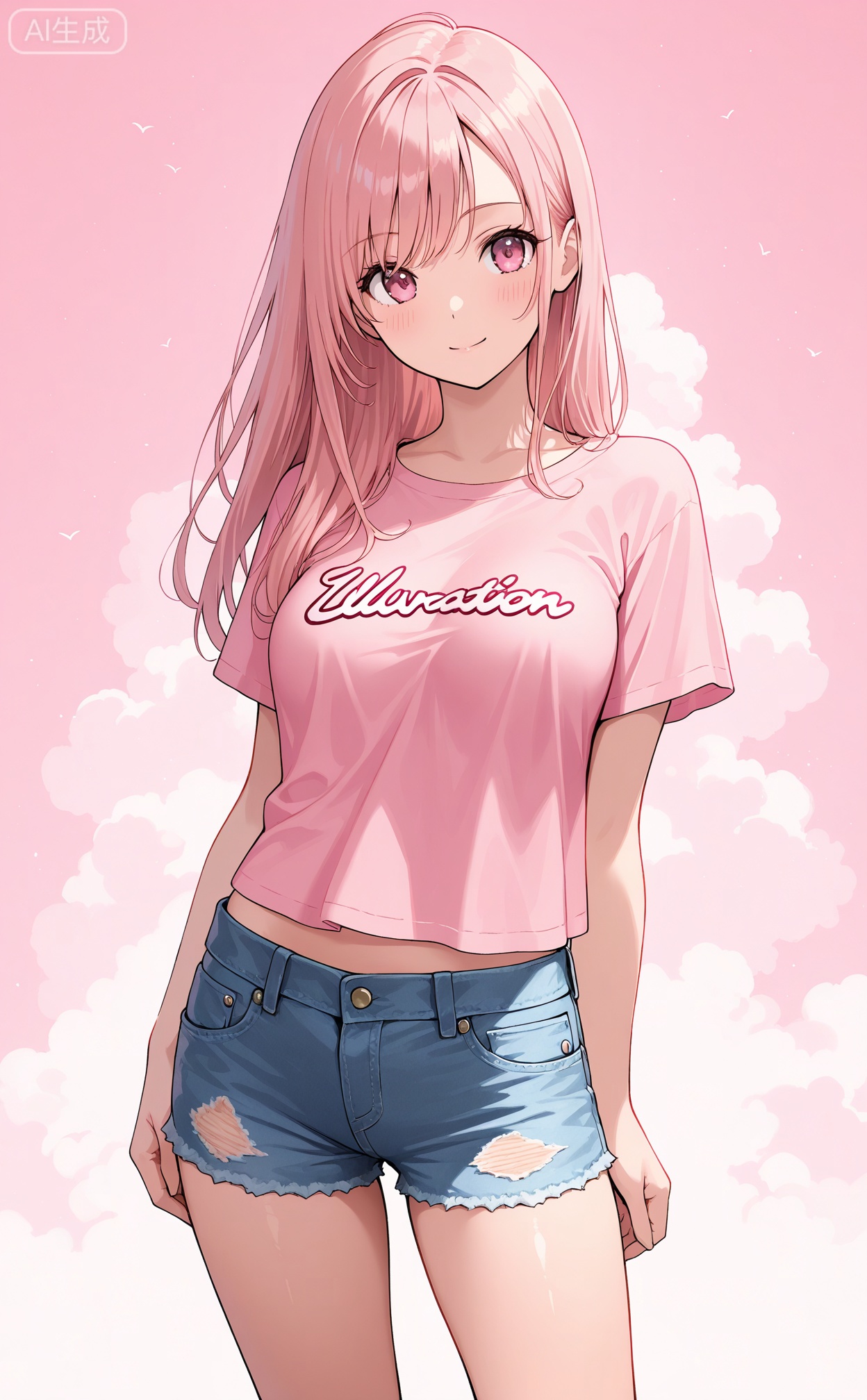 Digital art,illustration,masterpiece,best quality,
1girl,long hair ,solo,cowboy shot,short shirt,short jeans,pink theme,


