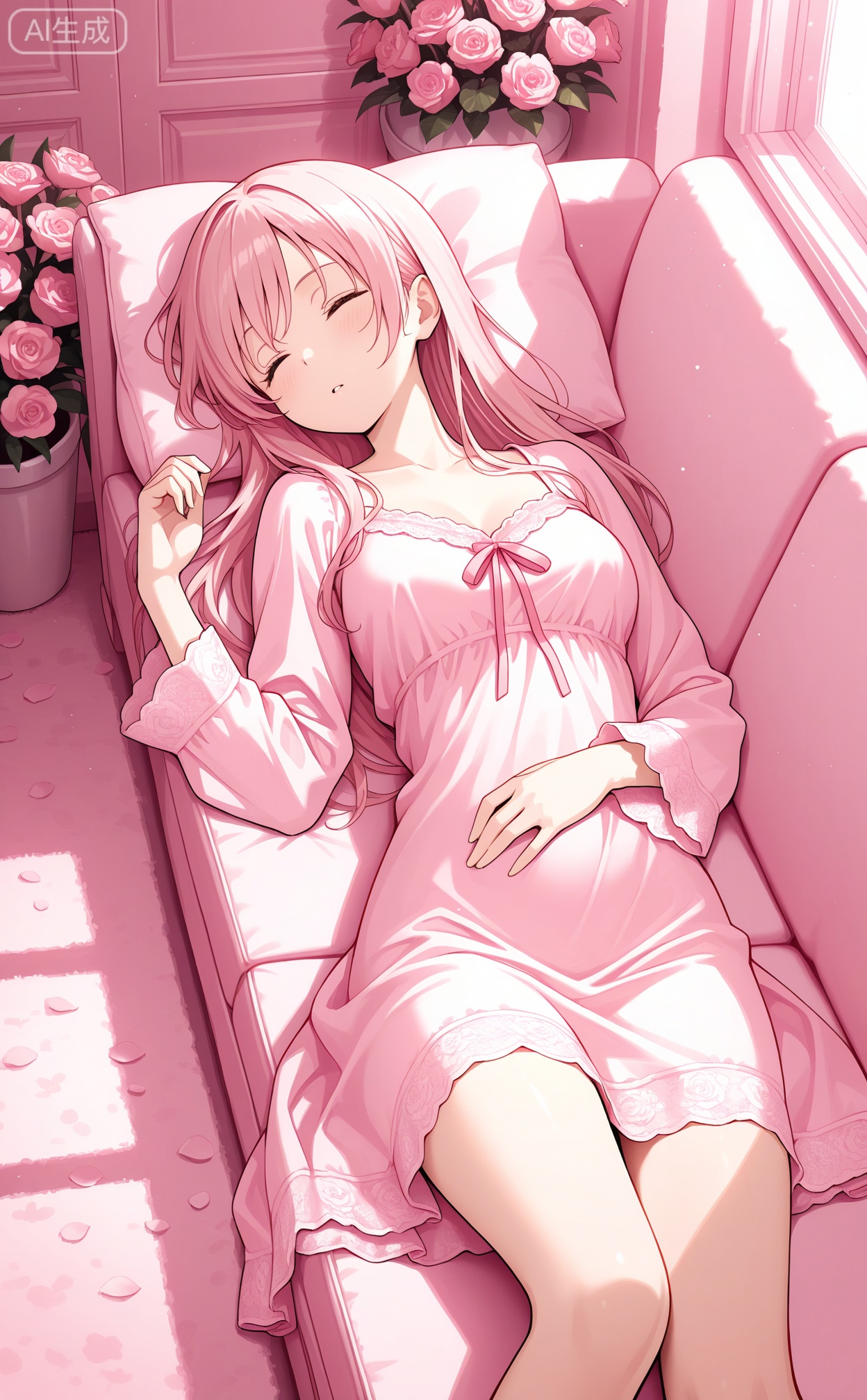 Digital art,illustration,masterpiece,best quality,
1girl,long hair ,sleeping dress,lying on couch,in doors,flowers theme,white  pink theme,depth of fileds,


