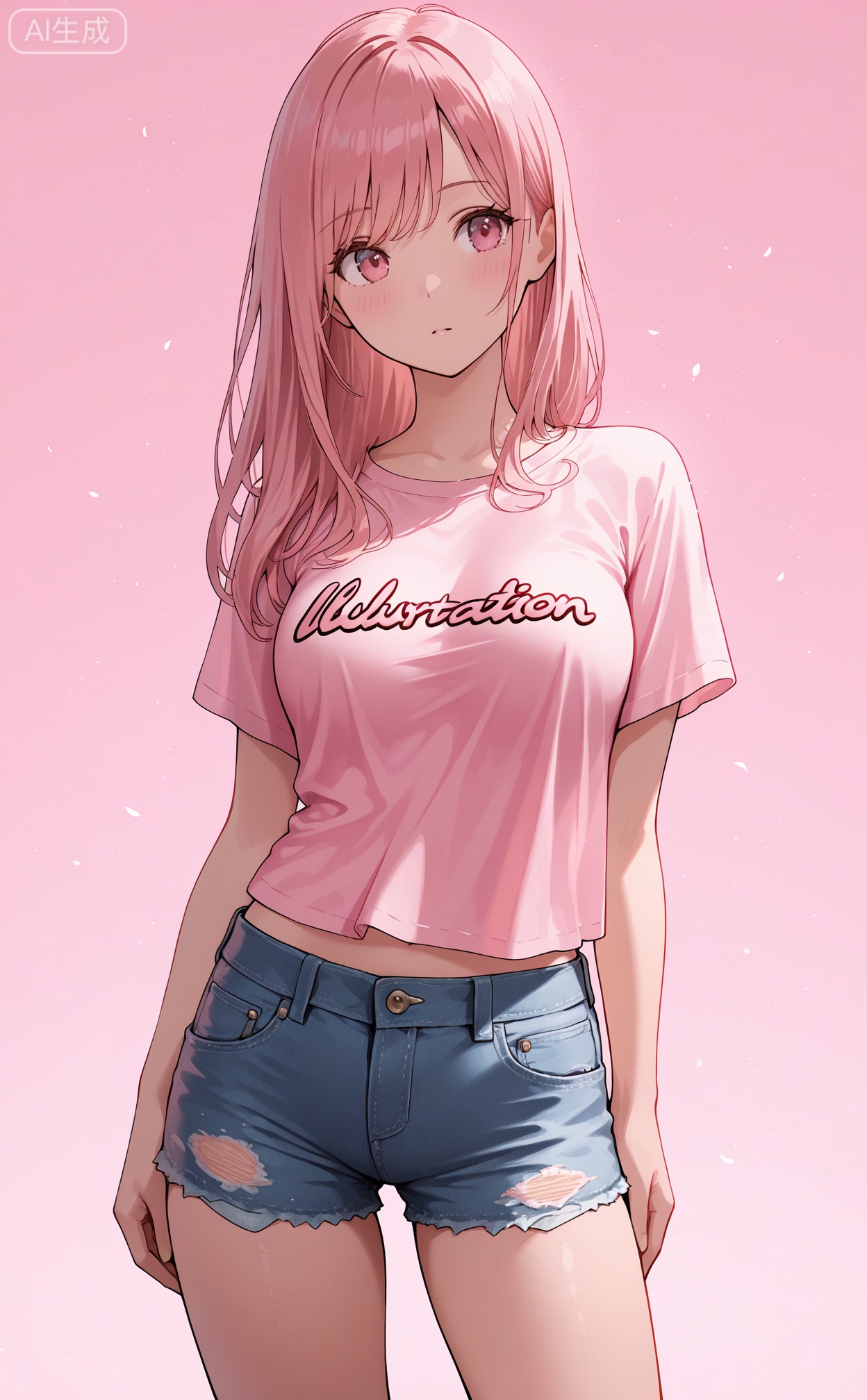 Digital art,illustration,masterpiece,best quality,
1girl,long hair ,solo,cowboy shot,short shirt,short jeans,pink theme,


