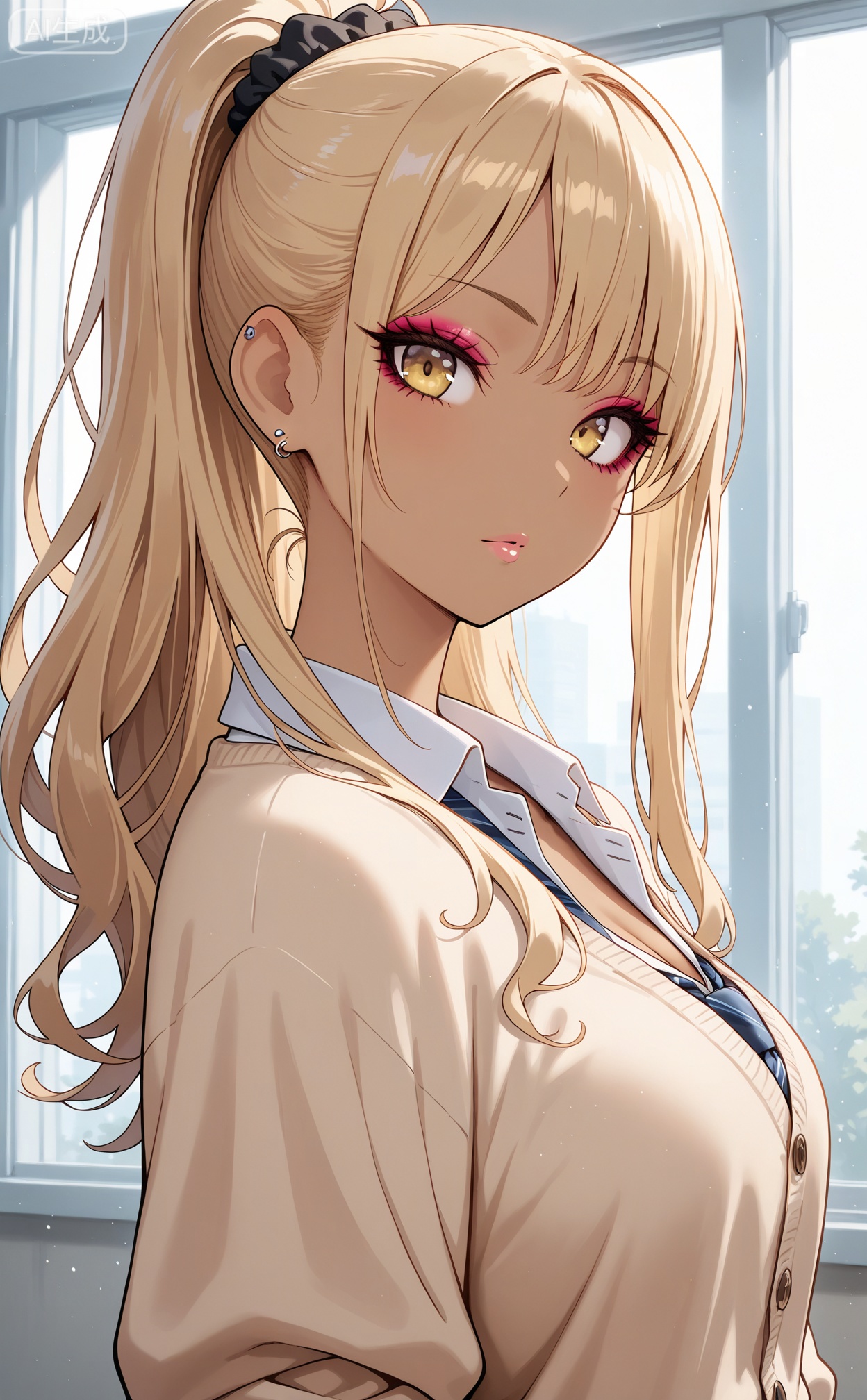 Digital art,illustration,masterpiece,best quality,
1girl, solo, upper body, gyaru, blonde hair, long hair, high ponytail, earrings, yellow eyes, eyeshadow, looking at viewer, beige cardigan

