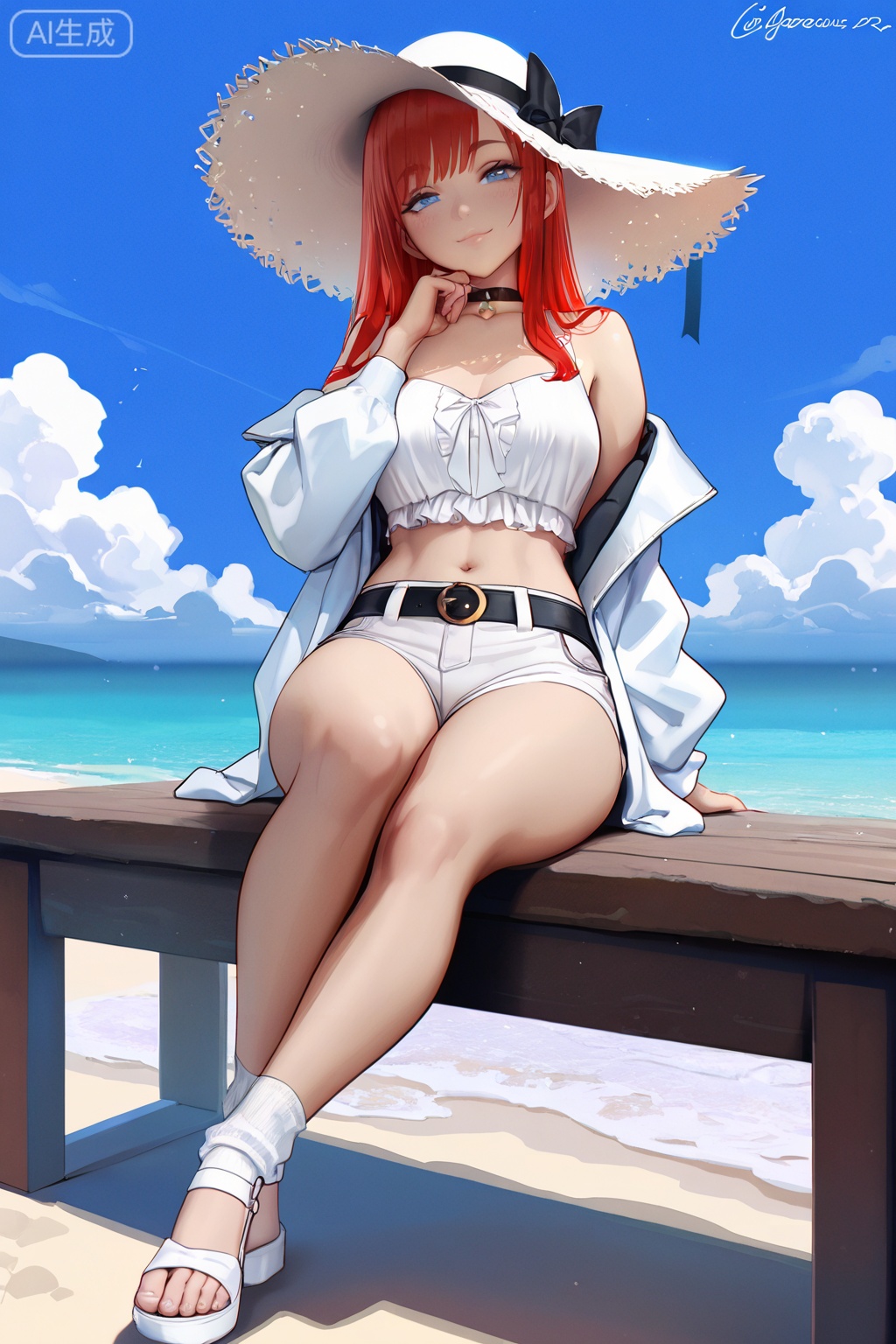 (artist:carnelian,artist:hero neisan,:0.4),(artist:olchas:0.6),(artist:falcoons:0.8),Digital art,illustration,masterpiece,best quality,
outdoors, solo, 1girl, shorts, long hair, looking at viewer, sitting, hat, day, red hair, white shorts, shirt, open clothes, off shoulder, short shorts, white footwear, white shirt, ocean, bow, midriff, beach, socks, full body, breasts, belt, bare shoulders, frills, jacket, sky, bangs, open jacket, choker, long sleeves, straw hat, navel, smile, thighs, black bow, hat bow, water, white jacket, sun hat, collarbone, blue eyes, crop top, cloud, sandals, blue sky,a young woman sitting on a wooden bench on a beach. She is wearing a white blouse with a black ribbon tied around the waist and a white hat with a wide brim. She has long red hair and is wearing white socks and white shoes. woman is posing with one hand on her chin and the other resting on her knee. background shows a beautiful view of the ocean and a small island in the distance. sky is blue with white clouds and the water is a deep blue-green color. overall mood of the image is peaceful and serene.
//,Delicate eyes,delicate face,black background,masterpiece,best quality,newest,year 2024,year 2023,luxurious and gorgeous,