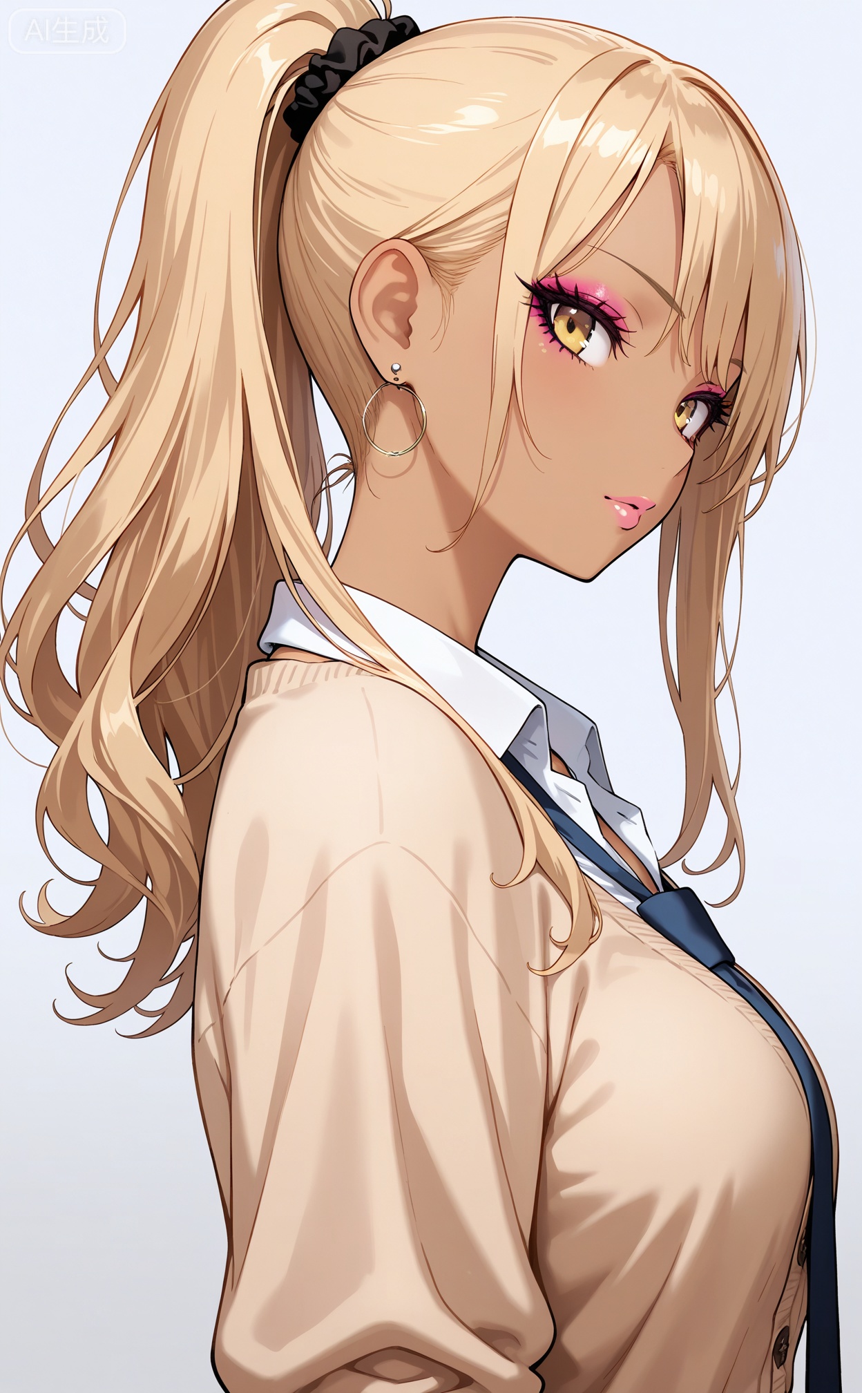 Digital art,illustration,masterpiece,best quality,
1girl, solo, upper body, gyaru, blonde hair, long hair, high ponytail, earrings, yellow eyes, eyeshadow, looking at viewer, beige cardigan

