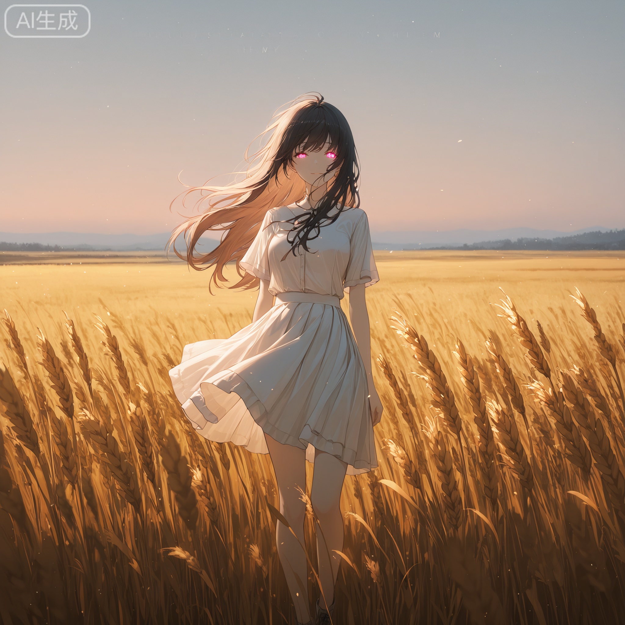 art_WeiM,Digital art,illustration,masterpiece,best quality,Delicate eyes,delicate face,
Rivers, wheat fields, darkness,
1girl,
In a hazy scene,
girl walked towards the distant horizon,
white skirt is covered with wheat,
Long hair fluttering in the wind,