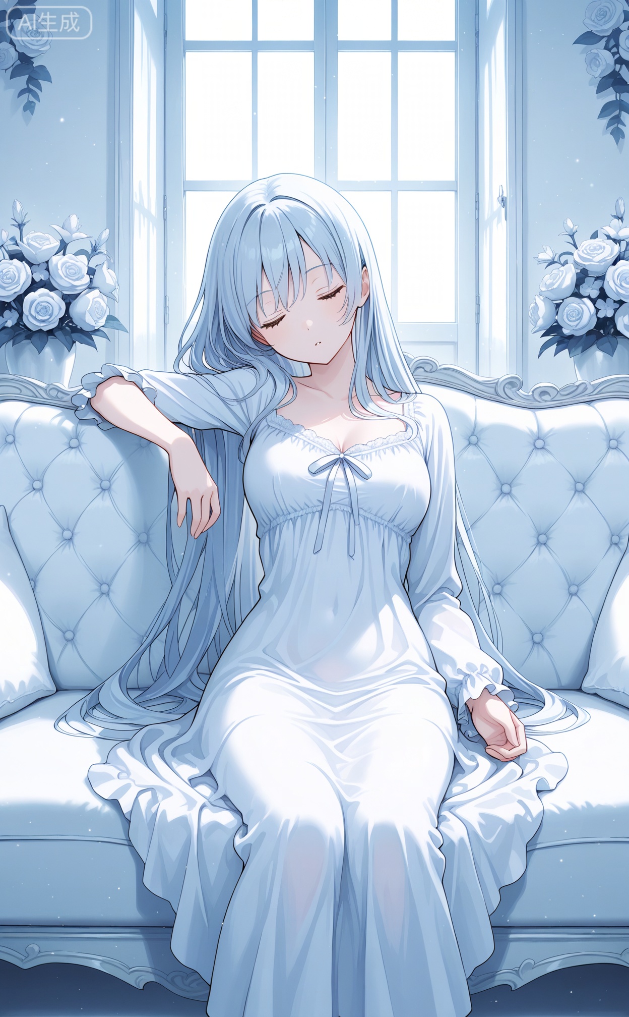 Digital art,illustration,masterpiece,best quality,
1girl,long hair ,sleeping dress,sitting on couch,in doors,flowers theme,white  blue theme,depth of fileds,


