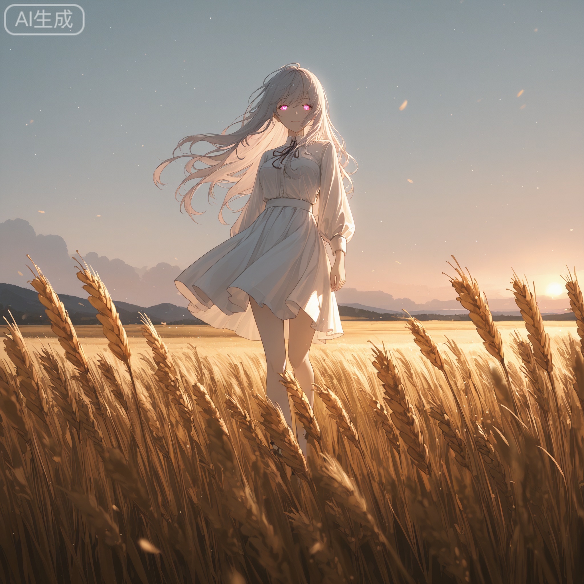 art_WeiM,Digital art,illustration,masterpiece,best quality,Delicate eyes,delicate face,
Rivers, wheat fields, darkness,
1girl,
In a hazy scene,
girl walked towards the distant horizon,
white skirt is covered with wheat,
Long hair fluttering in the wind,