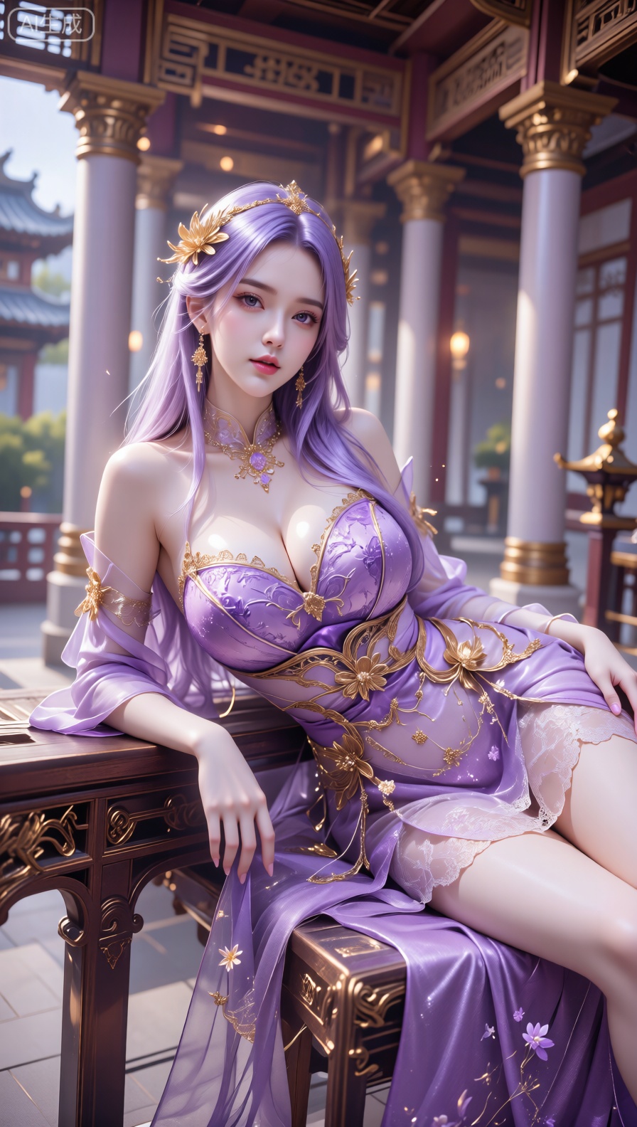 An enchanting figure with luminous lavender tresses and a golden floral headpiece lounges elegantly on a richly decorated...