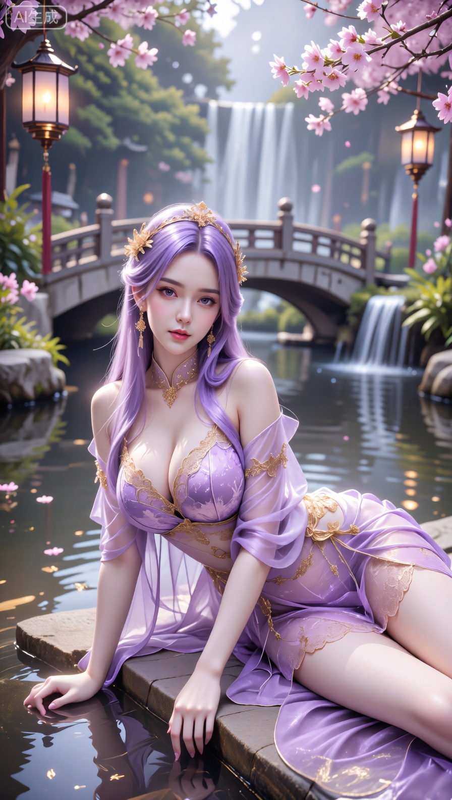 An enchanting figure with luminous lavender tresses and a golden floral headpiece lounges gracefully by a calm pond in a s...
