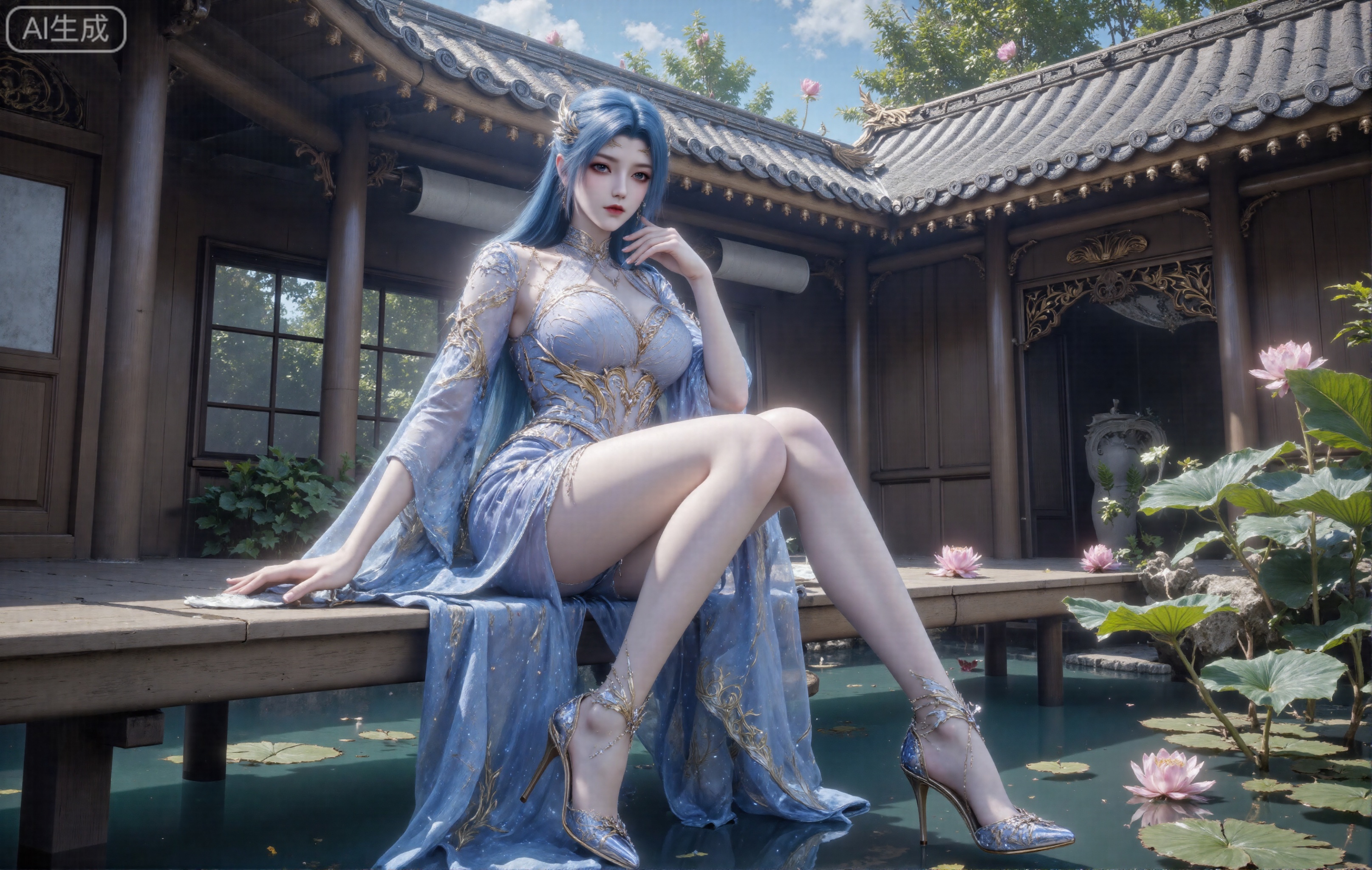 Masterpiece, panorama (deep shot), 32K, high quality, CG rendering, a sexy girl, big breasts, big breasts, super big and plump breasts, (sfw huge breast size: 2.0), shiny skin (moisturizing and oily) ), skin is oily and shiny, noble cool girl sexy outfit, (high-gloss stockings), beautiful long legs, oily special effects,fair skin,long legs,blue hair,c-hd,female_solo,Shoot from top to bottom,Lotus Pond,Oily and shiny legs,high heels