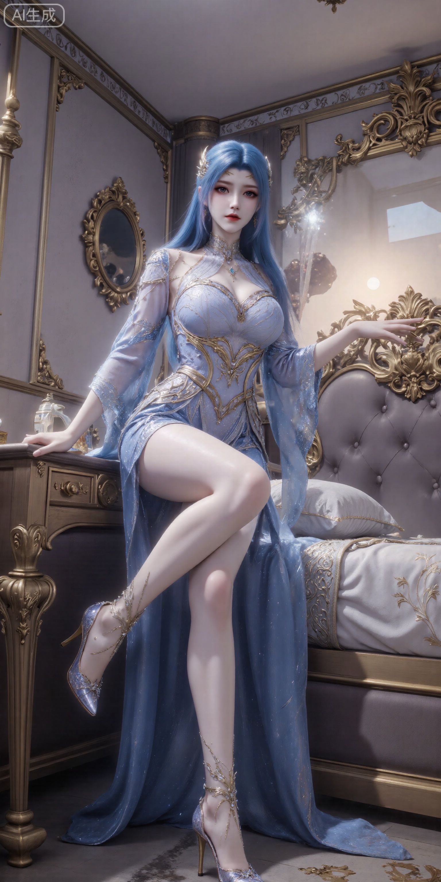 Masterpiece, panorama (deep shot), 32K, high quality, CG rendering, a sexy girl, big breasts, big breasts, super big and plump breasts, (sfw huge breast size: 2.0), shiny skin (moisturizing and oily) ), skin is oily and shiny, noble cool girl sexy outfit, (high-gloss stockings), beautiful long legs, oily special effects,fair skin,long legs,blue hair,c-hd,female_solo,Oily and shiny legs,high heels,Classical bedroom,Stand with both hands on the table