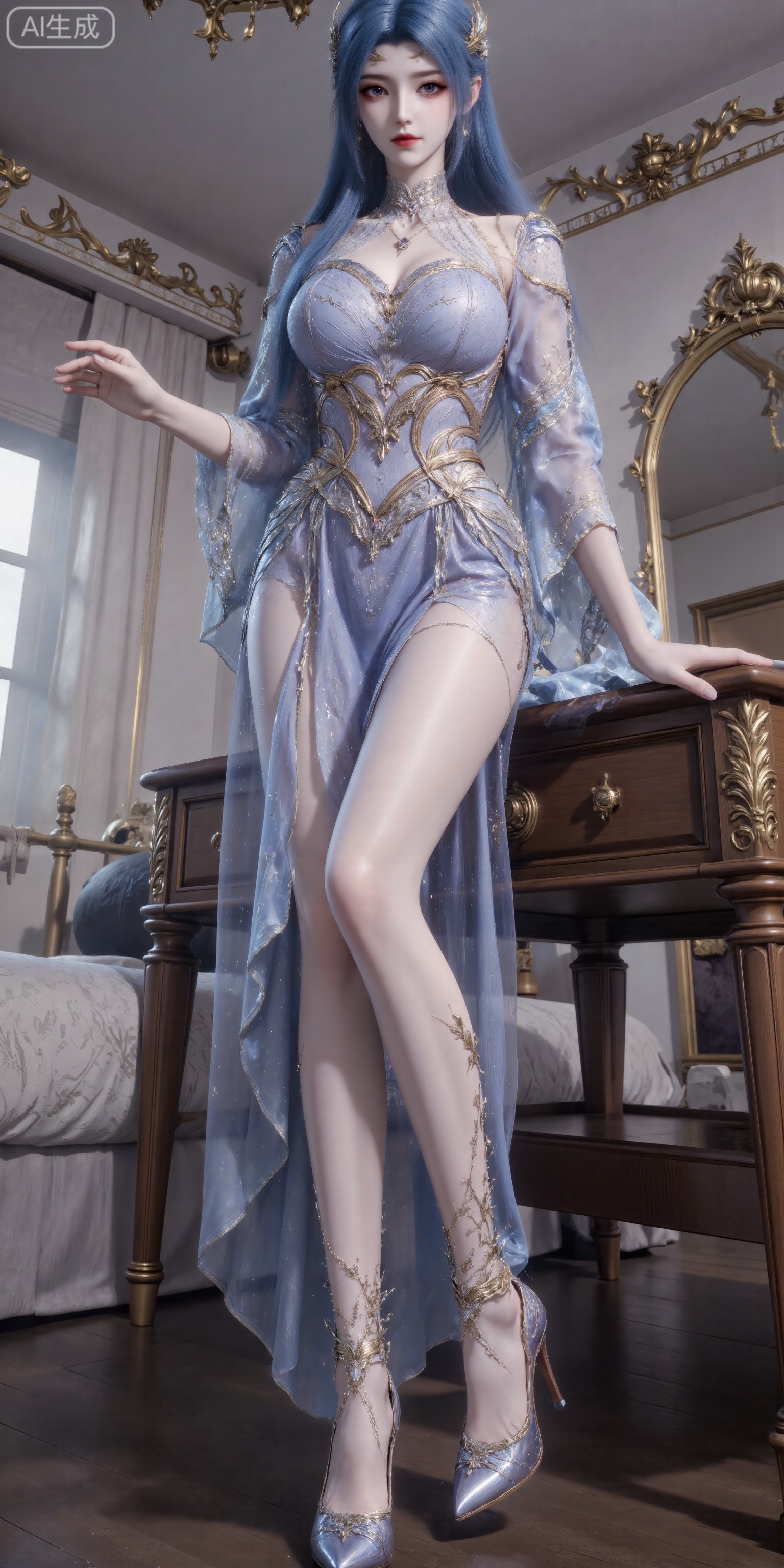 Masterpiece, panorama (deep shot), 32K, high quality, CG rendering, a sexy girl, big breasts, big breasts, super big and plump breasts, (sfw huge breast size: 2.0), shiny skin (moisturizing and oily) ), skin is oily and shiny, noble cool girl sexy outfit, (high-gloss stockings), beautiful long legs, oily special effects,fair skin,long legs,blue hair,c-hd,female_solo,Oily and shiny legs,high heels,Classical bedroom,Stand with both hands on the table