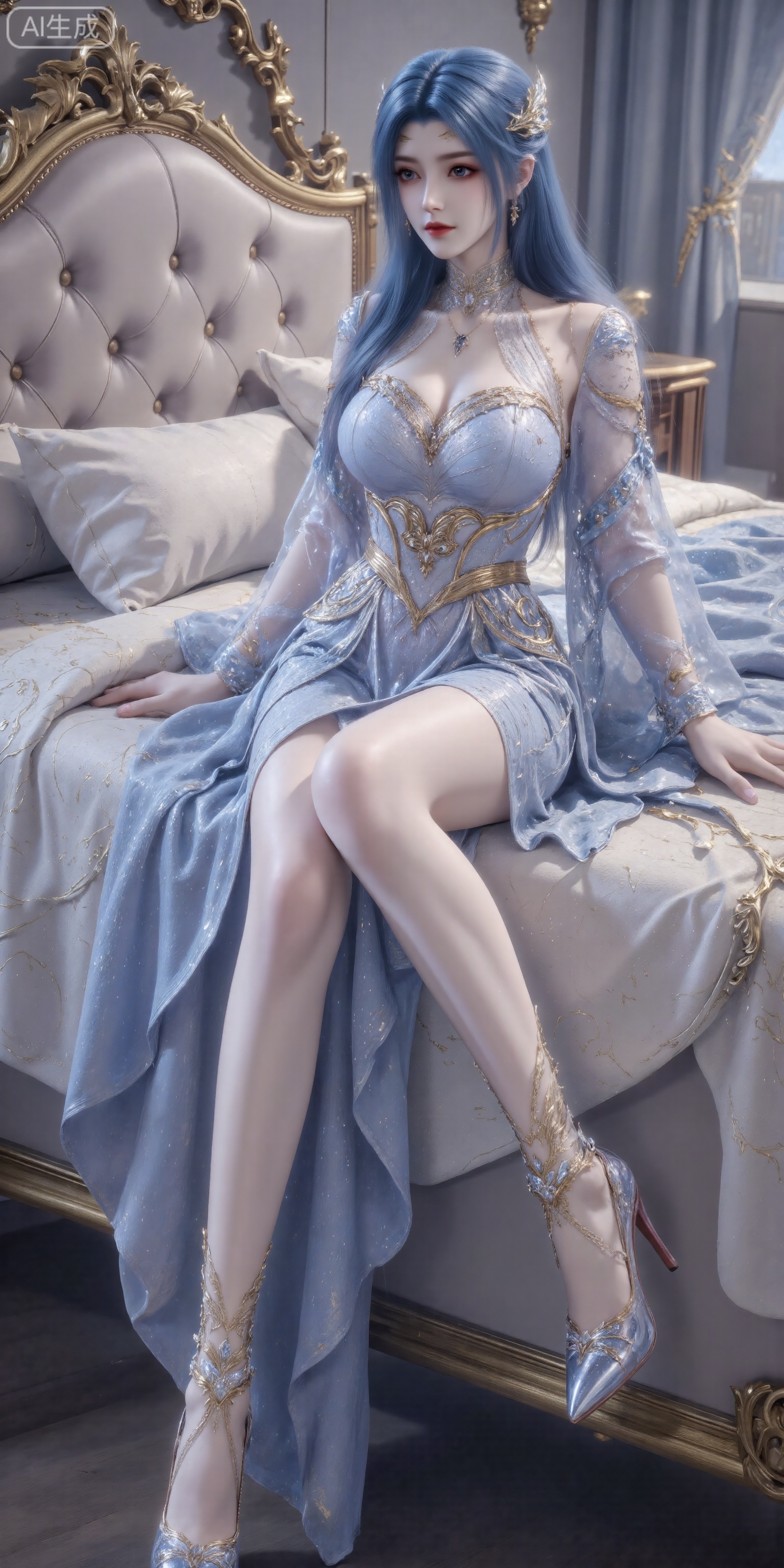 Masterpiece, panorama (deep shot), 32K, high quality, CG rendering, a sexy girl, big breasts, big breasts, super big and plump breasts, (sfw huge breast size: 2.0), shiny skin (moisturizing and oily) ), skin is oily and shiny, noble cool girl sexy outfit, (high-gloss stockings), beautiful long legs, oily special effects,fair skin,long legs,blue hair,c-hd,female_solo,Shoot from top to bottom,Oily and shiny legs,high heels,Classical bedroom,lie in bed,overhead shot