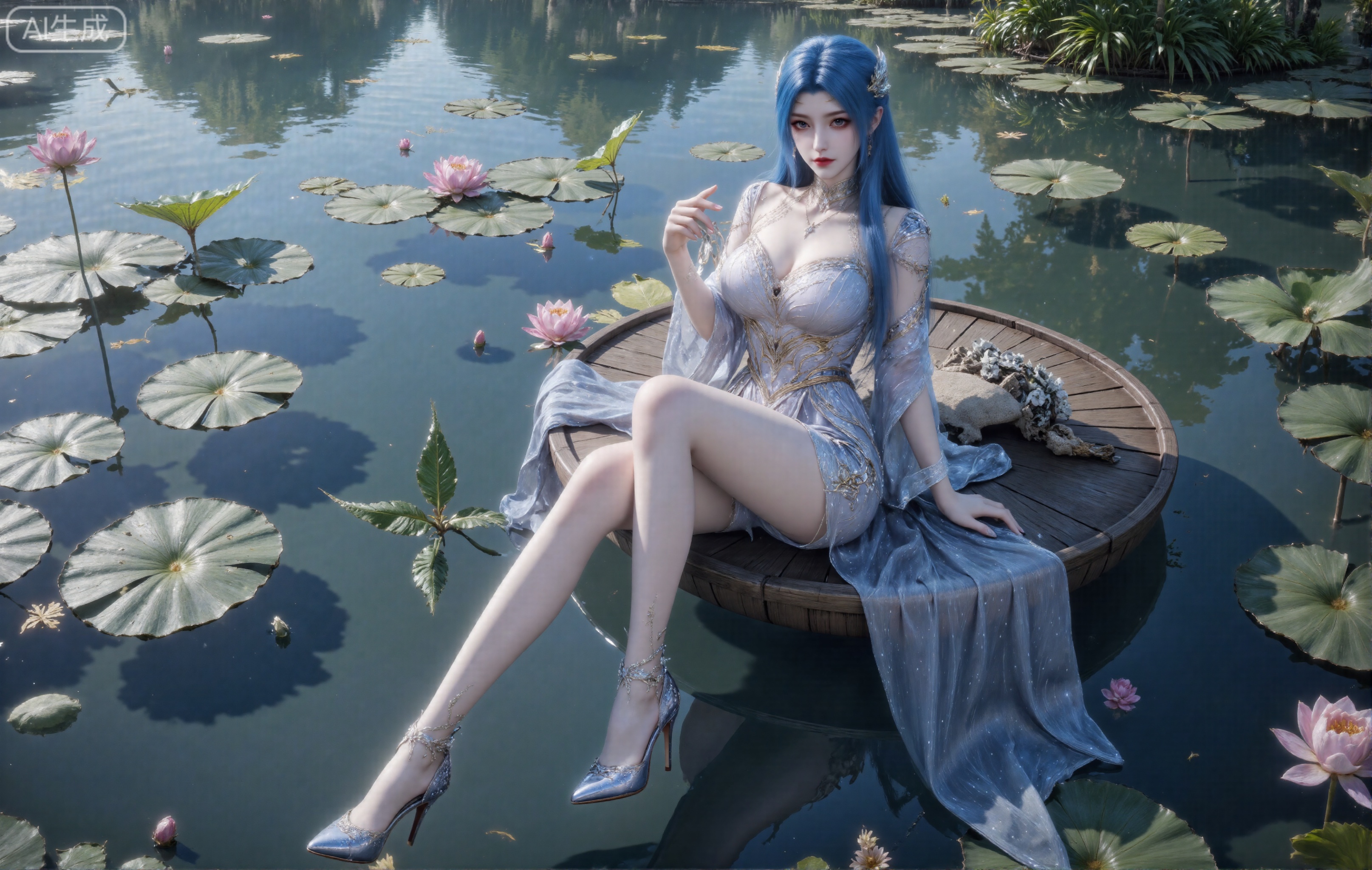 Masterpiece, panorama (deep shot), 32K, high quality, CG rendering, a sexy girl, big breasts, big breasts, super big and plump breasts, (sfw huge breast size: 2.0), shiny skin (moisturizing and oily) ), skin is oily and shiny, noble cool girl sexy outfit, (high-gloss stockings), beautiful long legs, high heels, oily special effects,fair skin,long legs,blue hair,c-hd,female_solo,Shoot from top to bottom,Lotus Pond,Oily and shiny legs,plns_high heels