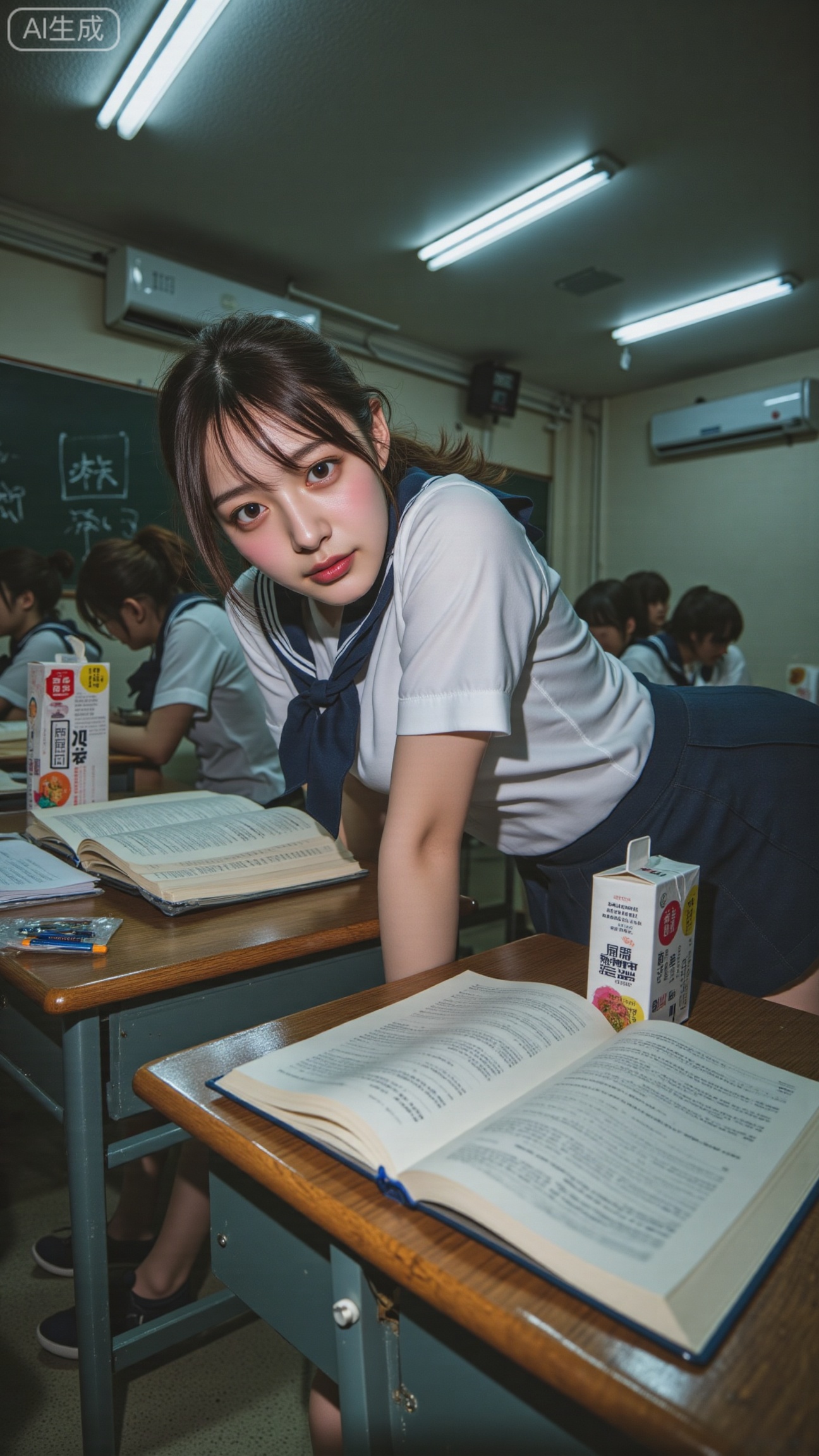 A flash snapshot taken in a quiet Chinese high school classroom during lunch break. Desks scattered with open notebooks, milk cartons, and mechanical pencils. The fluorescent lights above mix with the harsh on-camera flash, creating sharp reflections on the polished desk surfaces.
The main subject is a Chinese high school girl in a white-and-navy school uniform, leaning slightly over her desk while turning her head toward the camera. Her ponytail swings softly, catching the light.
Her face glows under the flash — faint sweat on her forehead, cheeks flushed from the warmth, lips slightly parted as if about to speak. Her gaze is curious and unguarded, halfway between surprise and familiarity.
The background blurs into rows of desks and chalk-stained walls, adding a nostalgic sense of realism. The composition feels accidental yet intimate, like a frozen instant of adolescence.,XbaifengsongyuYH,Xbigbreasts,XyunxitianmingshiY,XyunxitianmingshiY,XnangongjinY,XnangongjinY2,XshuangjianshinvY,XshuangjianshinvY2,Xzhuapaistyle,Xfuguflim