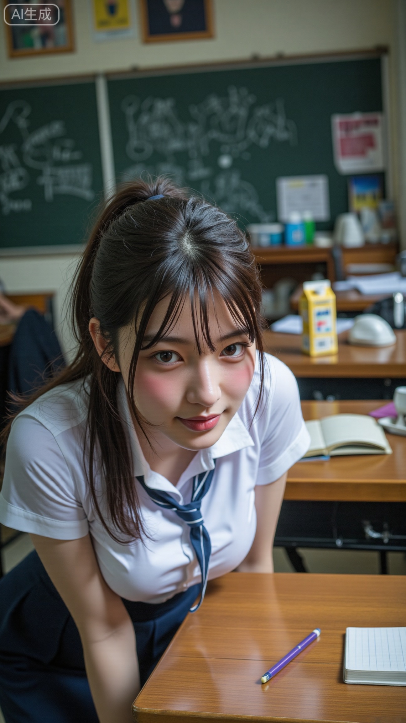 A flash snapshot taken in a quiet Chinese high school classroom during lunch break. Desks scattered with open notebooks, milk cartons, and mechanical pencils. The fluorescent lights above mix with the harsh on-camera flash, creating sharp reflections on the polished desk surfaces.
The main subject is a Chinese high school girl in a white-and-navy school uniform, leaning slightly over her desk while turning her head toward the camera. Her ponytail swings softly, catching the light.
Her face glows under the flash — faint sweat on her forehead, cheeks flushed from the warmth, lips slightly parted as if about to speak. Her gaze is curious and unguarded, halfway between surprise and familiarity.
The background blurs into rows of desks and chalk-stained walls, adding a nostalgic sense of realism. The composition feels accidental yet intimate, like a frozen instant of adolescence.,XbaifengsongyuYH,Xbigbreasts,XyunxitianmingshiY,XyunxitianmingshiY,XnangongjinY,XnangongjinY2,XshuangjianshinvY,XshuangjianshinvY2,Xzhuapaistyle,Xfuguflim